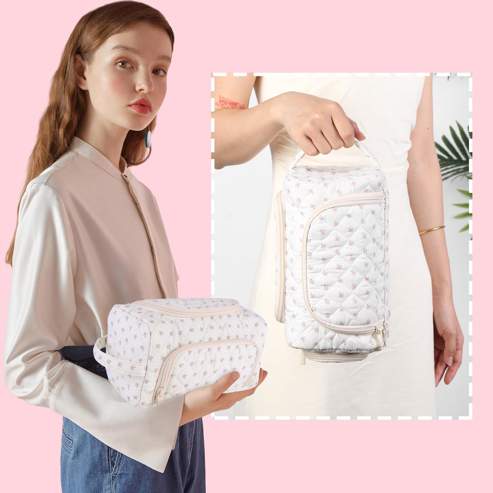 Lushandy Cute Floral Makeup Bag for Women, Large Quilted Puffer Cosmetic Organizer - Coquette Aesthetic Travel Toiletry Bag for Makeup Brushes & Essentials | Perfect for Travel, Gym & Daily Use