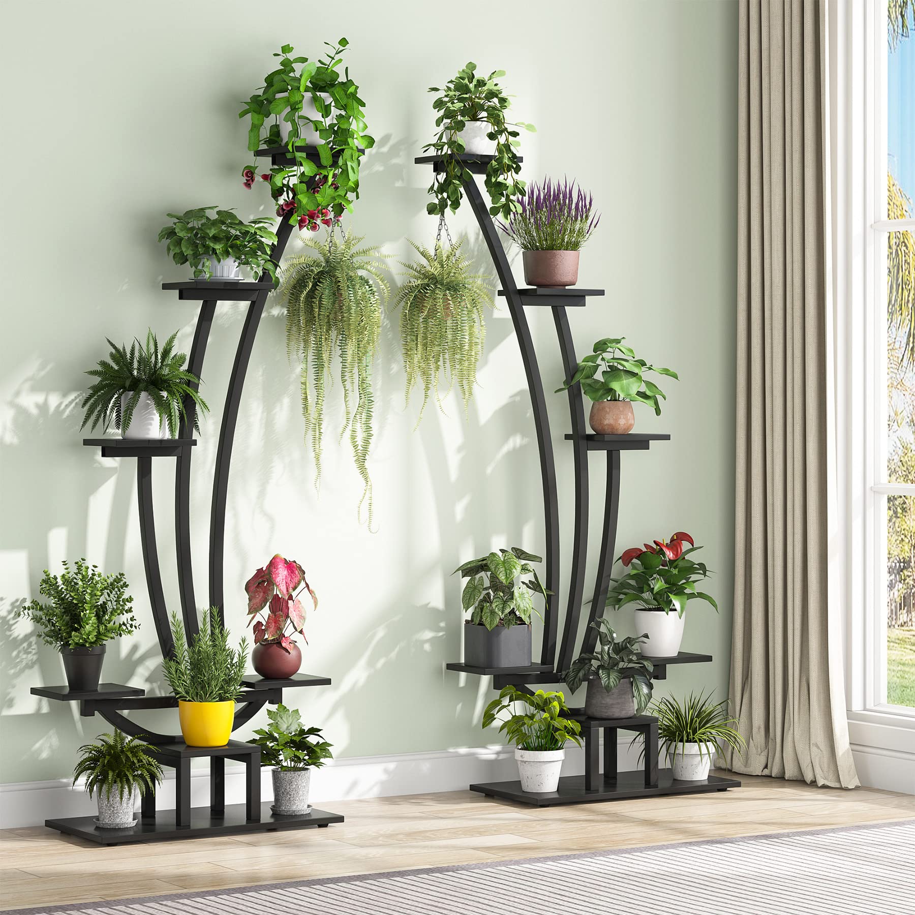 Tribesigns 6-Tier Tall Indoor Plant Stand - Set of 2 Black Metal Curved Display Shelves with Hanging Hooks - Multi-Purpose Bonsai & Flower Pot Rack for Living Room, Garden, Balcony Decor - Perfect for Small Space Plant Organization & Home Decor Display