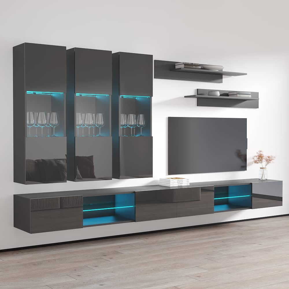 Modern Gray Wall-Mounted TV Stand with Storage Shelves & LED Lights - Meble Fly E33 Entertainment Center Console for Bedroom & Living Room - Perfect for Small Spaces, Home Theater Setup & Stylish Media Organization