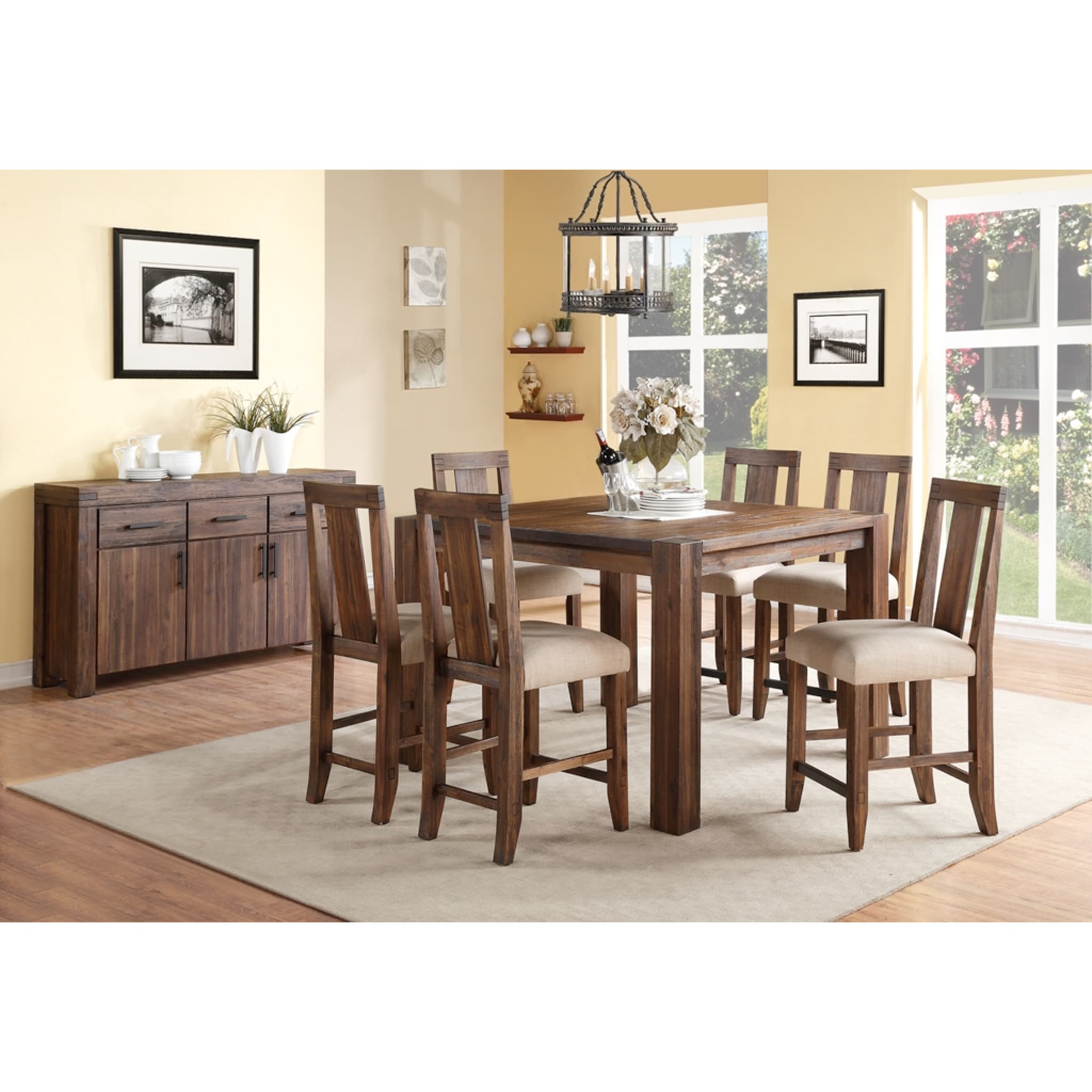 Solid Wood Square Counter Table - Brick Brown Finish - Rustic Farmhouse Kitchen Island or Dining Table for Small Spaces