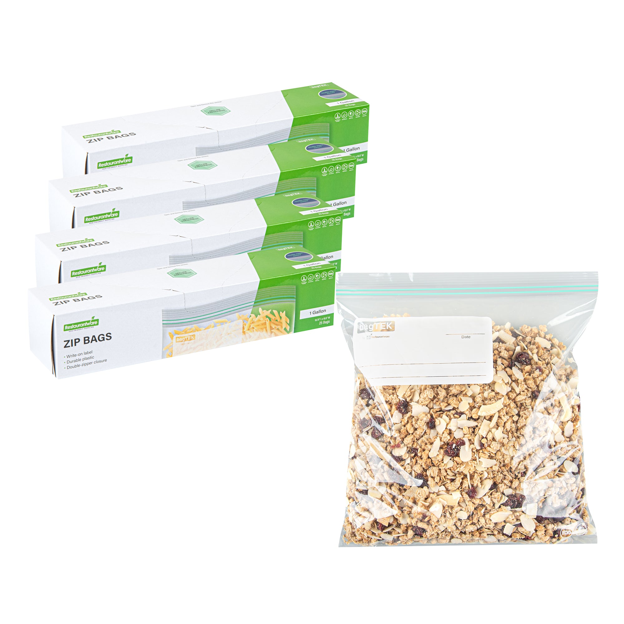 Bag Tek 1 Gallon Clear Plastic Zip Bags with Double Zipper, Write-On Label, BPA Free (10 3/4 x 10 1/2 Inches) - 25 Count Box | Perfect for Food Storage, Organizing Crafts & Office Supplies