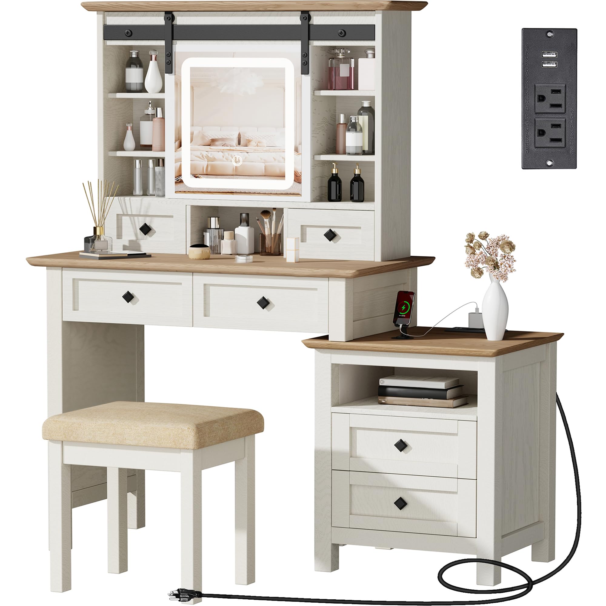 Farmhouse Makeup Vanity Desk with Sliding Mirror, LED Lights & Charging Station - Antique White Vanity Table Set with 6 Drawers, Nightstand & Stool for Bedroom | 3 Color Lighting Options | Perfect for Women & Girls Makeup Routine (UBDT56W)