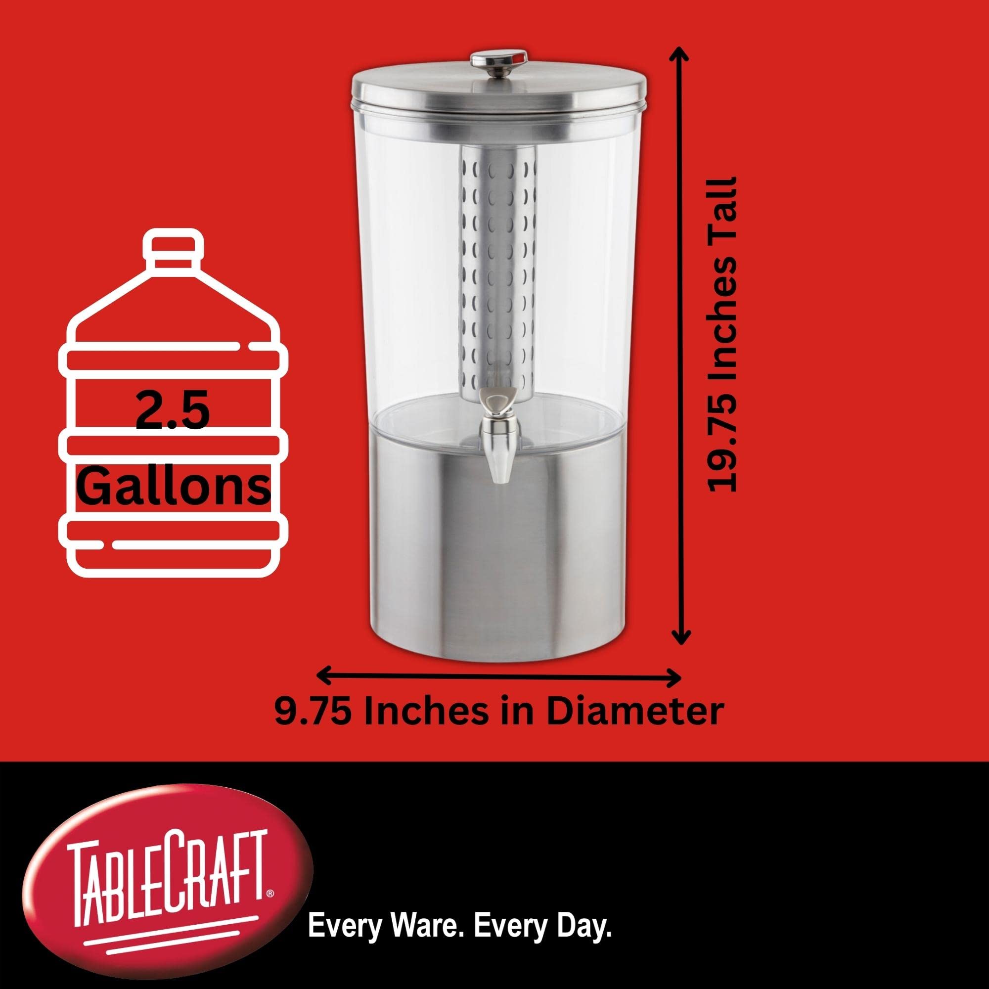 Premium TableCraft 10450 Beverage Dispenser - 2.5 Gallon Stainless Steel with Nickel ABS Faucet, Tritan Reservoir - Perfect for Parties, Weddings & Catering Events