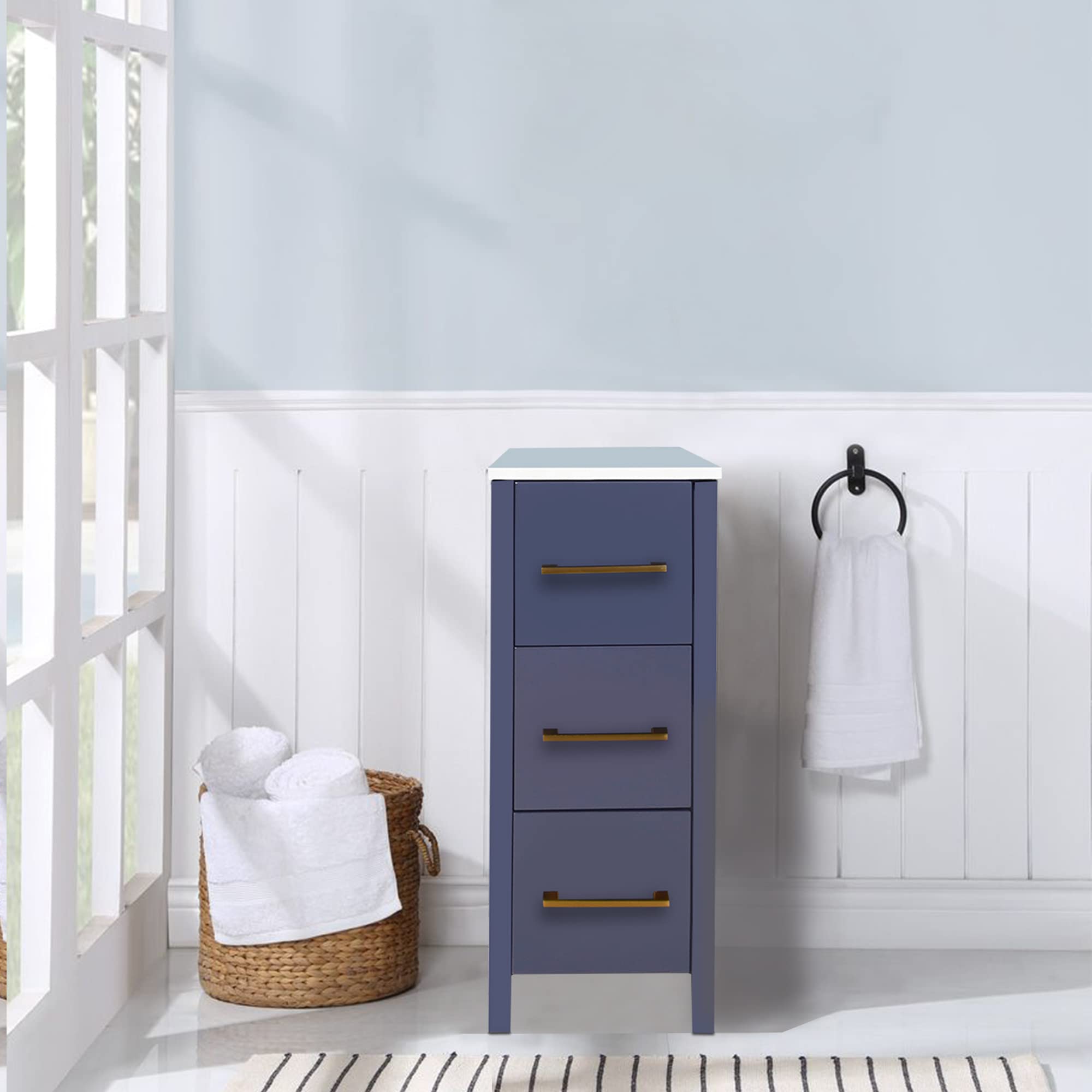 Vanity Art 12 Inch Bathroom Cabinet with 3 Dovetailed Drawers & Ceramic Top - Freestanding Storage Organizer for Bathroom, Bedroom, or Nightstand - Easy to Assemble in Blue - Perfect for Small Spaces & Home Organization