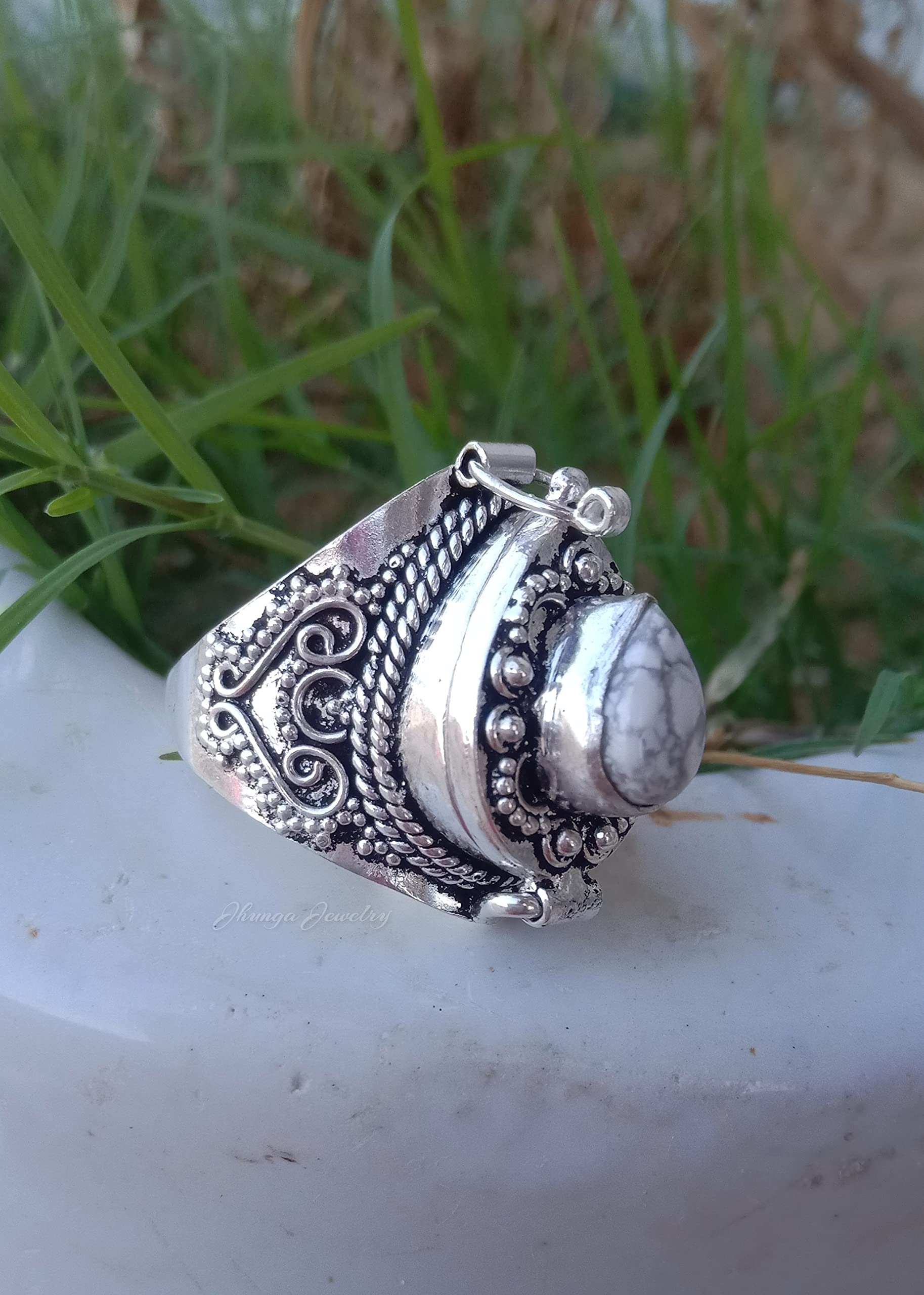 White Howlite Poison Ring - Handmade 925 Sterling Silver Secret Box Ring with Openable Compartment | Perfect for Medicine, Pills, and Hidden Storage | Unique Gothic Jewelry for Women and Men