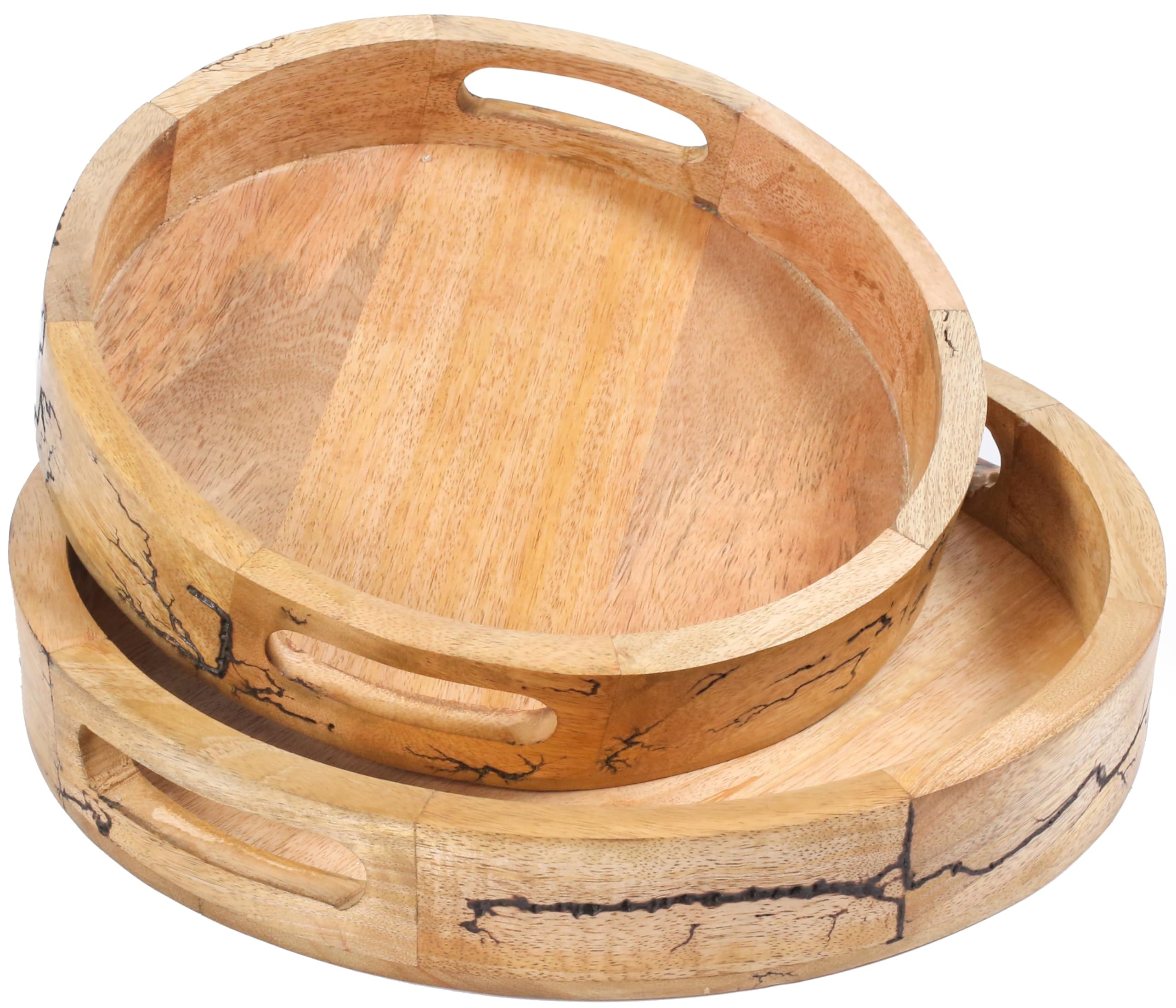 Premium Wooden Round Serving Tray Set of 2 - Decorative Coffee Table Tray for Living Room, Ottoman & Side Tables | Charcuterie Board & Cheese Platter | Countertop Fruit Basket | Perfect for Entertaining, Dining & Home Decor
