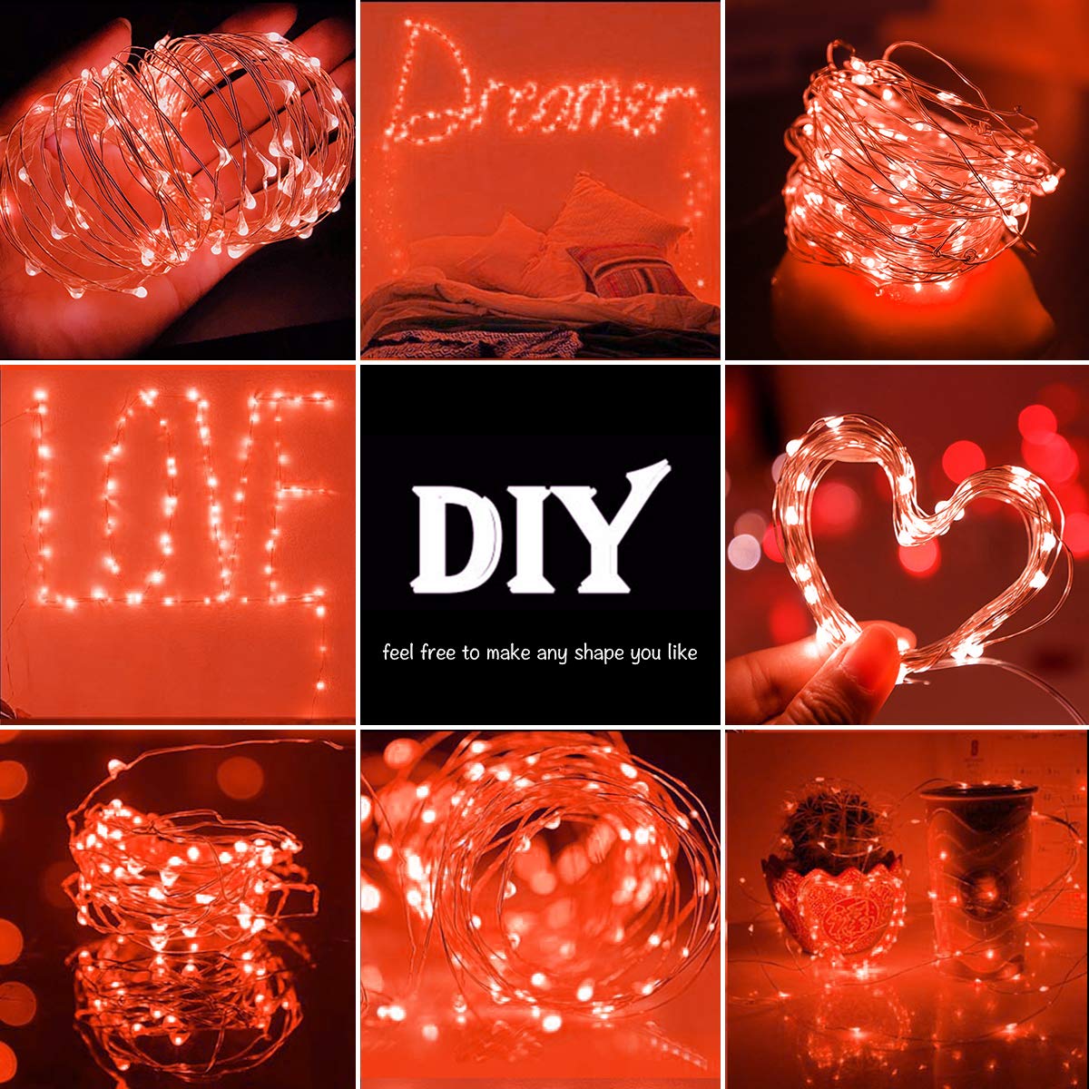 Valentine's Day LED Fairy Lights - 16ft 50 LED Battery Operated Starry Lights for Bedroom, Christmas, Wedding & Party Decorations - Romantic Ambiance Lighting for Home, Centerpiece & Holiday Decor (Red)