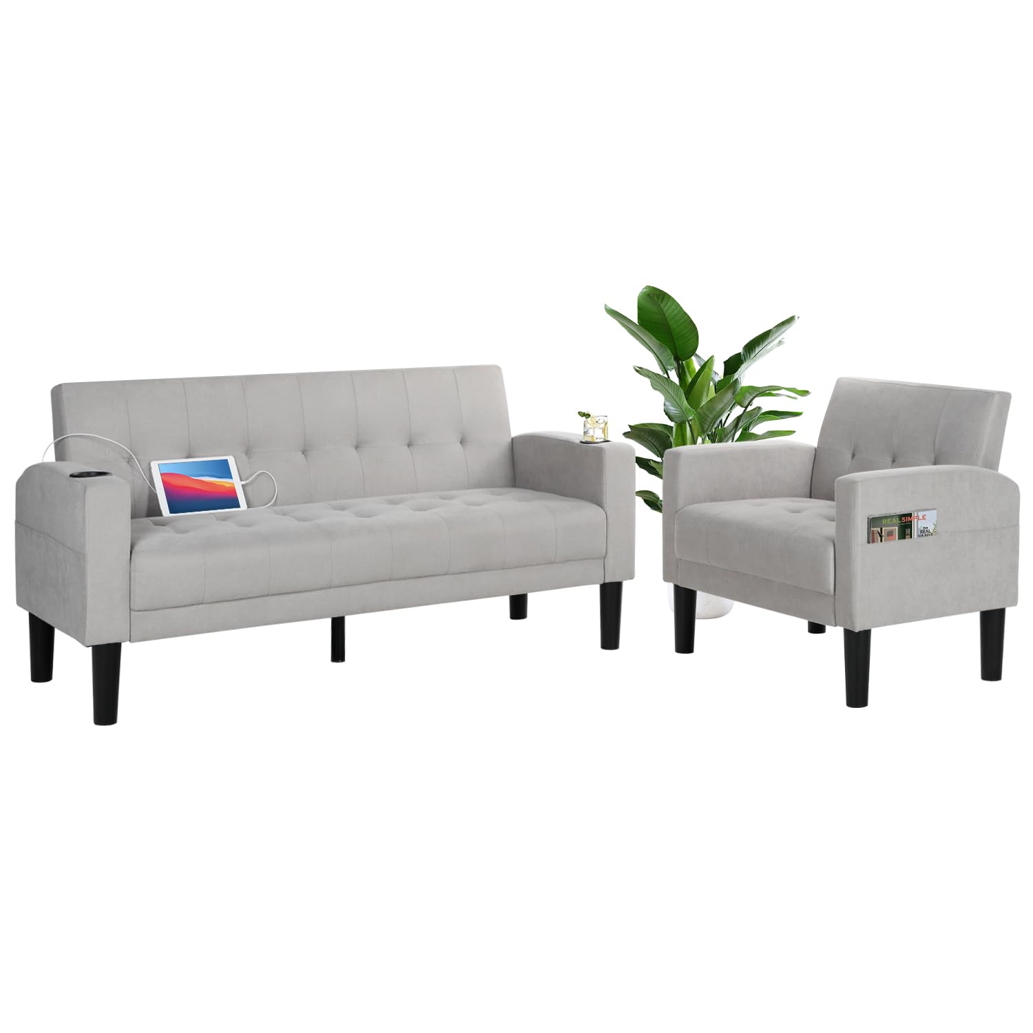 AILEEKISS 2-Piece Modern Fabric Sectional Sofa Set with USB Chargers, Cup Holders & Side Pockets - Loveseat & Single Seat Couch for Living Room, Apartment, Office (Light Grey) | Perfect for Small Spaces, Movie Nights & Home Decor