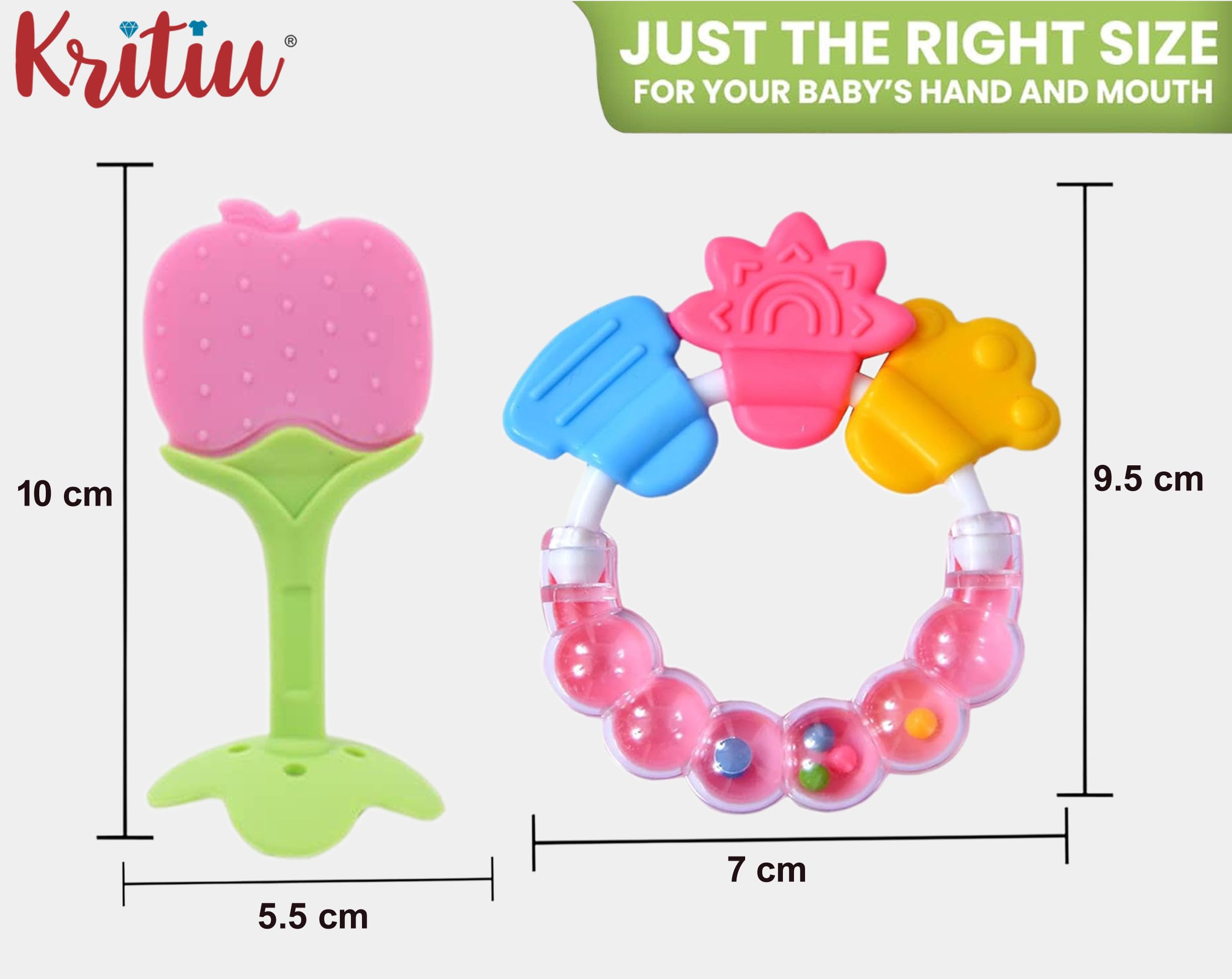 Kritiu Baby Silicone Giraffe Teether & Fruit Vegetable Nibbler Set - BPA Free Textured Teething Toys for Infants - Soothing Relief for Sore Gums - Perfect for Home, Travel & Daycare - Pink (2-Pack)