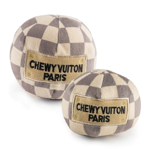 Checker Chewy Vuiton Plush Ball Dog Toy - Durable Chew Toy for Puppies & Small Dogs - Perfect for Teething, Playtime & Training Sessions