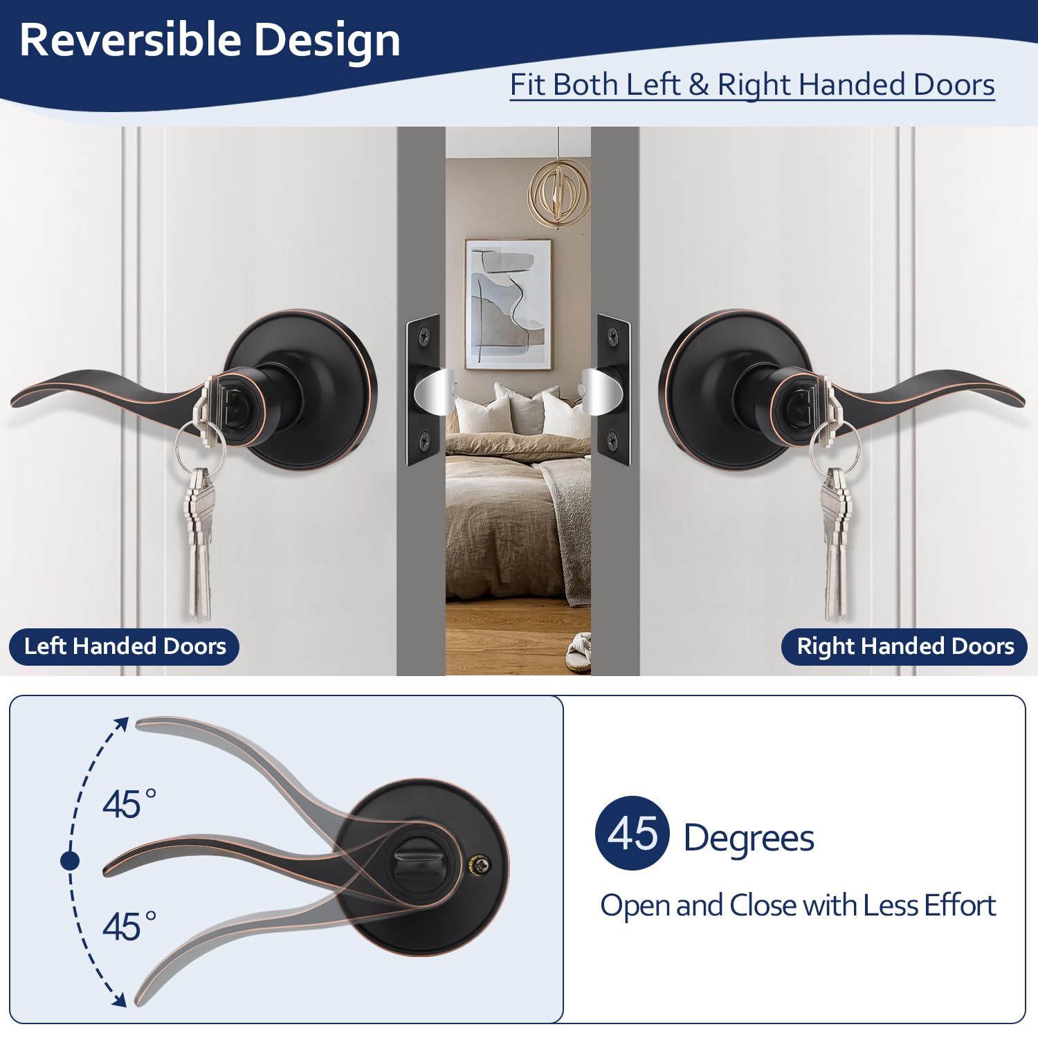 3 Pack Keyed Alike Entry Door Handles - Oil Rubbed Bronze Interior Door Knobs for Bedroom, Bathroom & Home Security - Universal Handing Lever Set (Perfect for Apartments, Offices & Residential Doors)