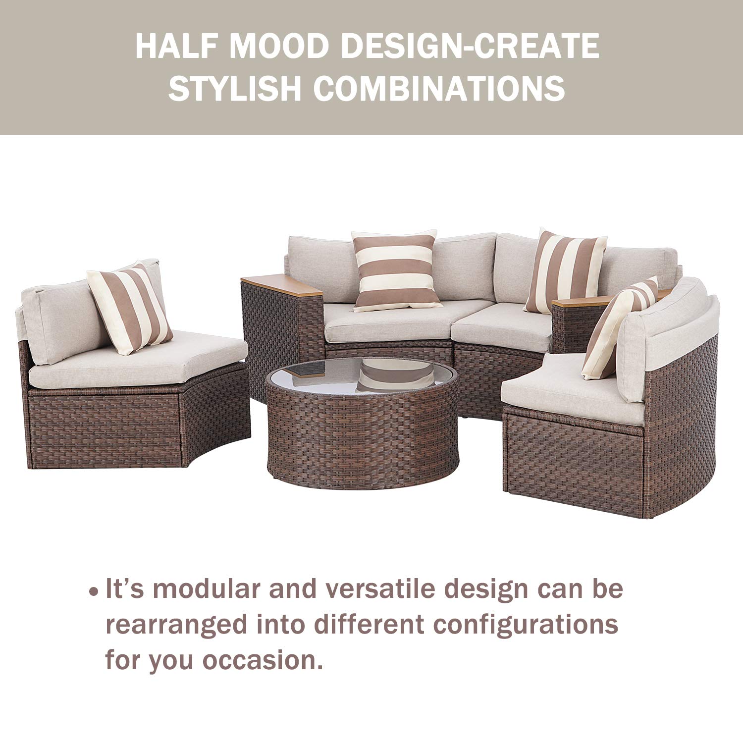 SUNCROWN 5-Piece Outdoor Round Patio Furniture Set - All-Weather Wicker Half Moon Sectional Sofa with Round Coffee Table & Thick Cushions (Light Brown) - Perfect for Garden, Backyard, Poolside & Outdoor Conversations
