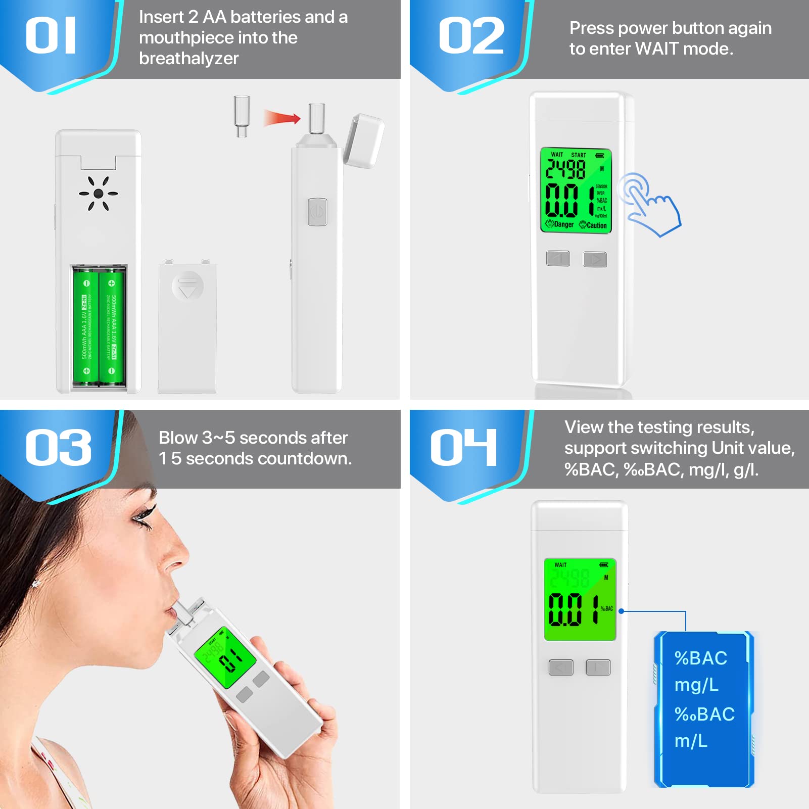 Professional Breathalyzer Alcohol Tester - High Accuracy BAC Detector with Memory Recall & Alarm Function - Includes 10 Disposable Mouthpieces (White) - Perfect for Personal Safety, Workplace Testing & Law Enforcement Use