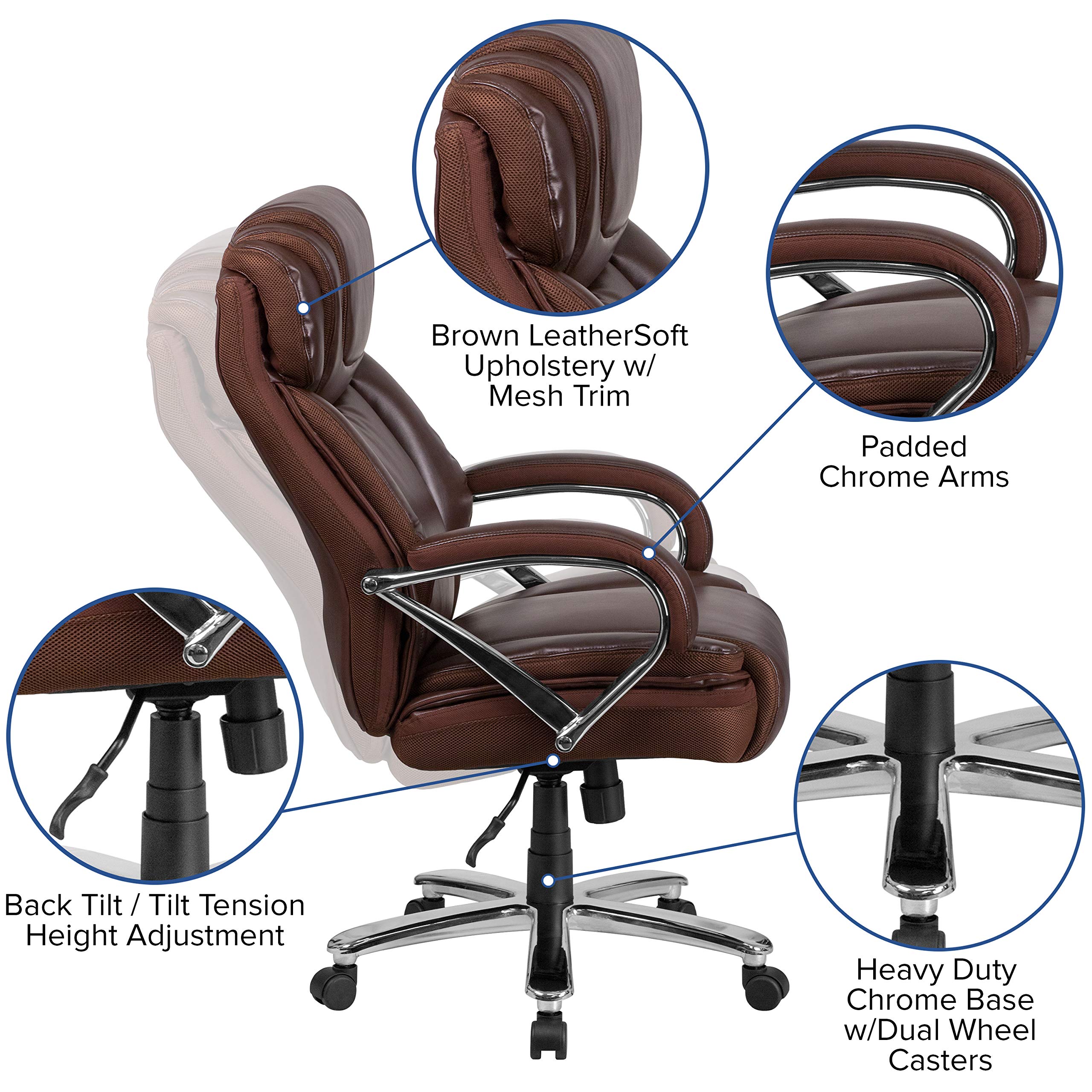 500 lb. Capacity Big & Tall Brown LeatherSoft Ergonomic Office Chair with Extra Wide Seat - Heavy Duty Executive Desk Chair for Large Men & Plus Size Adults - Perfect for Home Office, Gaming & Workspace