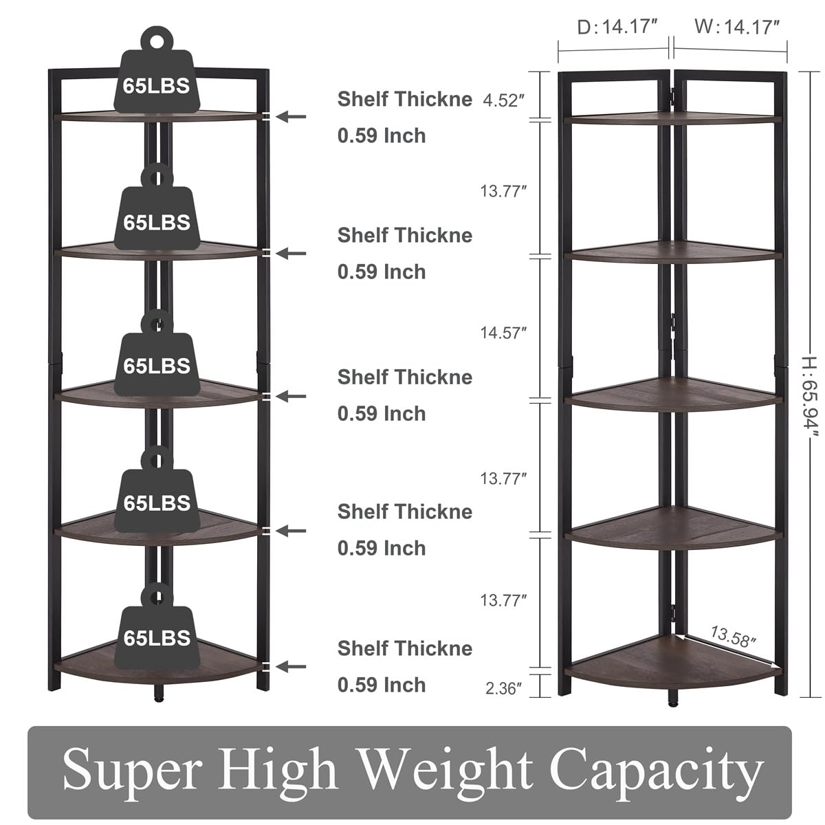 FATORRI 5-Tier Rustic Tall Corner Shelf - Industrial Dark Wood & Metal Bookshelf for Living Room, Home Office - Walnut Brown Corner Plant Stand for Small Spaces & Decor