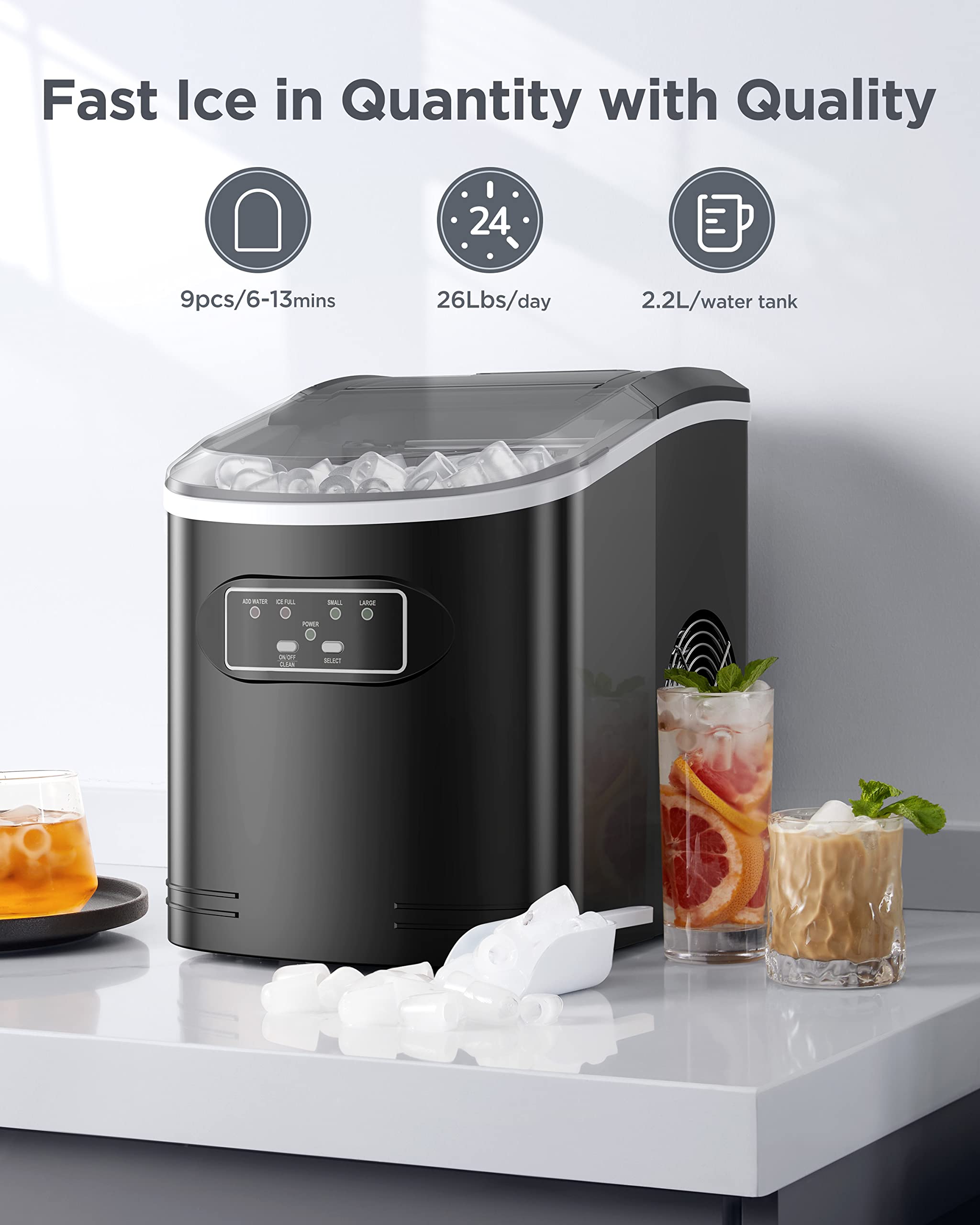 Silonn Countertop Ice Maker Machine - 26 lbs Daily, 9 Cubes in 6 Minutes - Self-Cleaning Portable Ice Maker with Scoop & Basket - Perfect for Home, Office, Parties & Outdoor Events