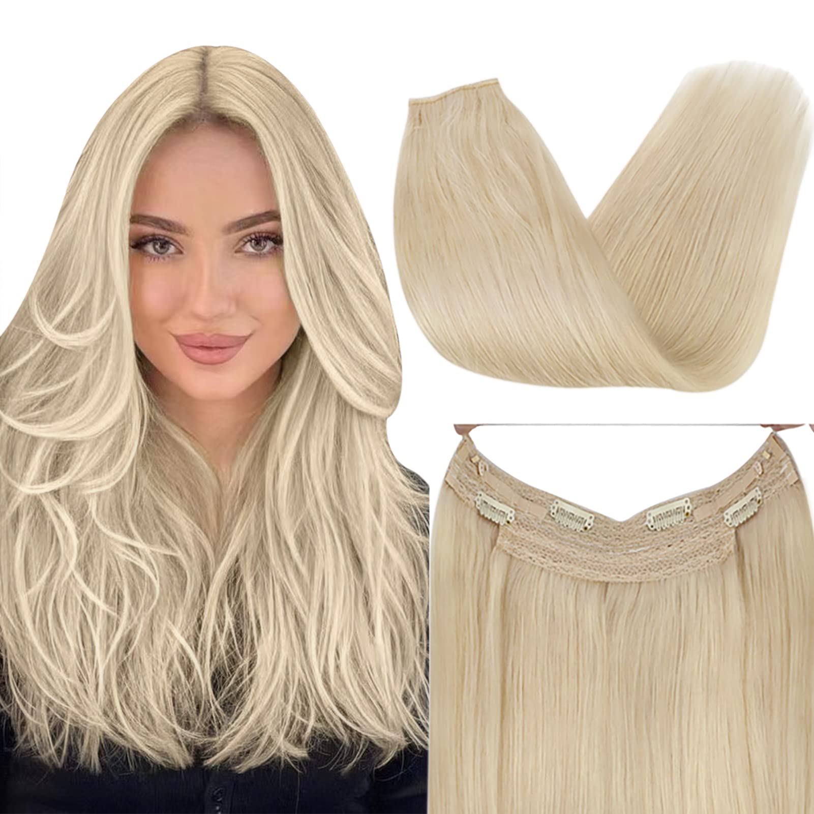 Platinum Blonde Real Human Hair Wire Extensions 16 Inch 80g - Invisible Fish Line Hairpieces for Seamless Blending | Perfect for Parties, Weddings & Everyday Styling