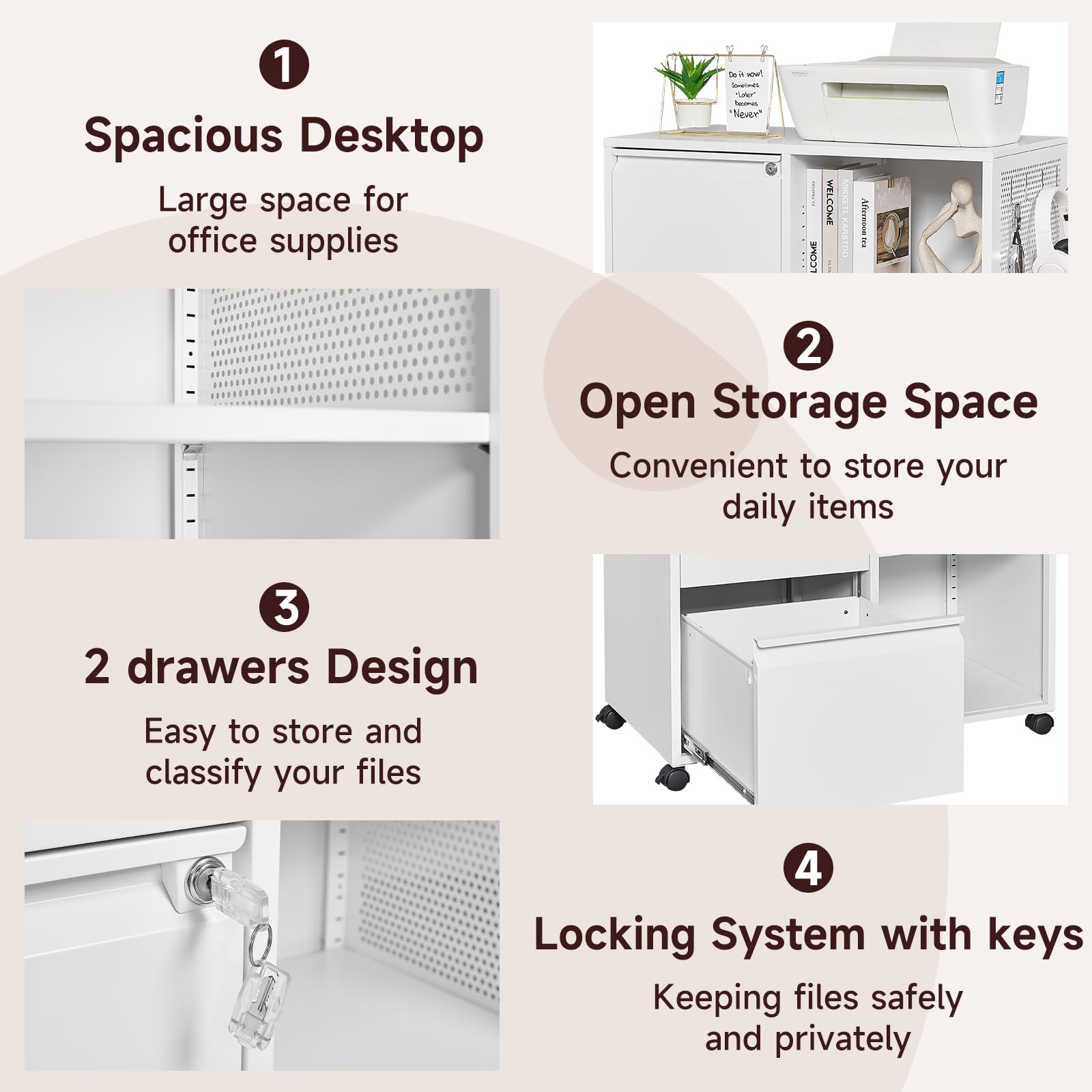2-Drawer Lateral File Cabinet with Lock - Mobile Metal Filing Cabinet for Letter/A4 Size Files - Home Office Organization Furniture with Printer Stand & Storage (Perfect for Document Storage, Office Organization & Workspace Efficiency)