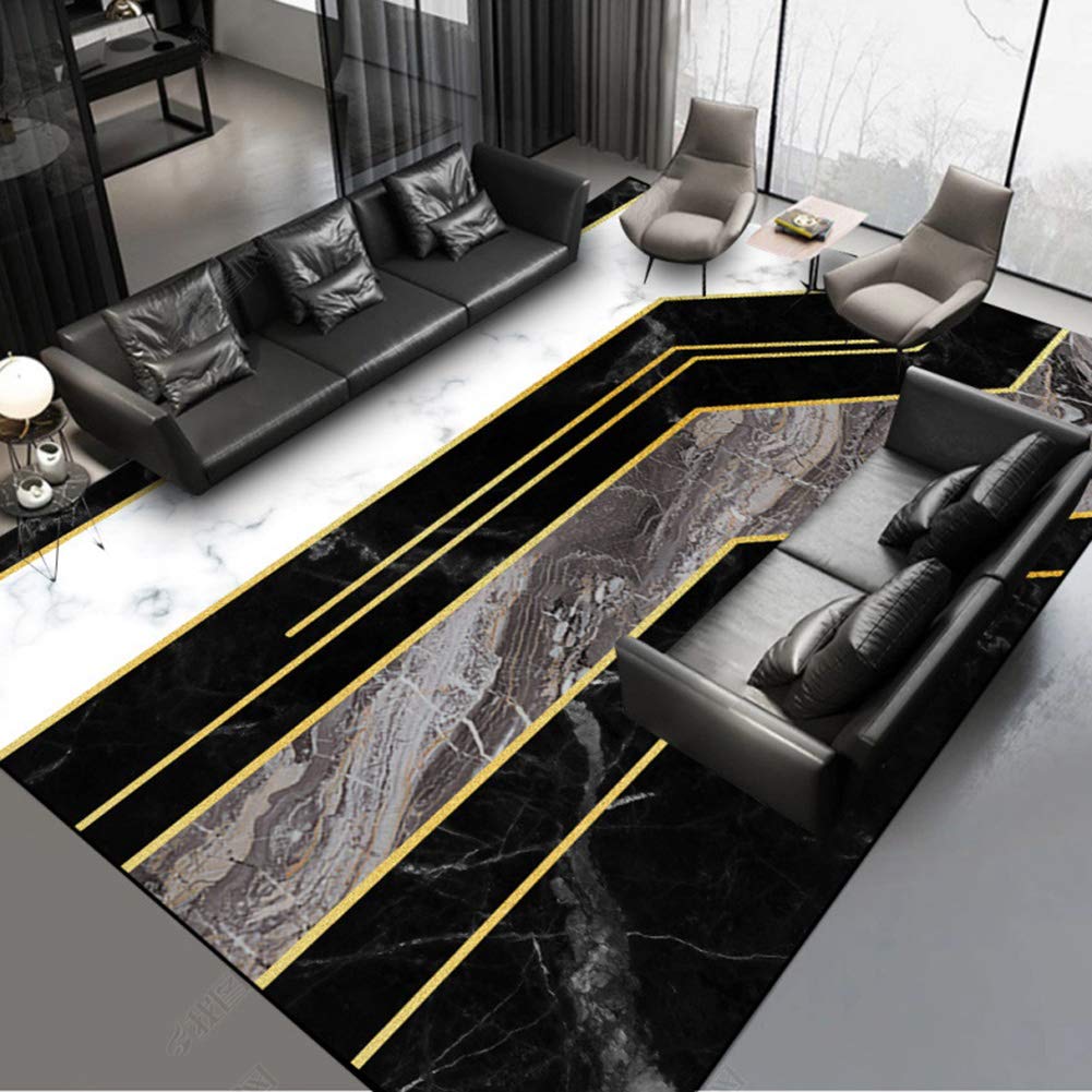 Modern Black White Gray Gold Marble Pattern Rug - 4'x5'3