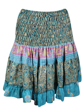 Women's Blue Ruched Floral Print Beach Skirt - Recycled Silk Fabric - Size S/M - Perfect for Summer Vacations, Beach Parties & Boho Fashion