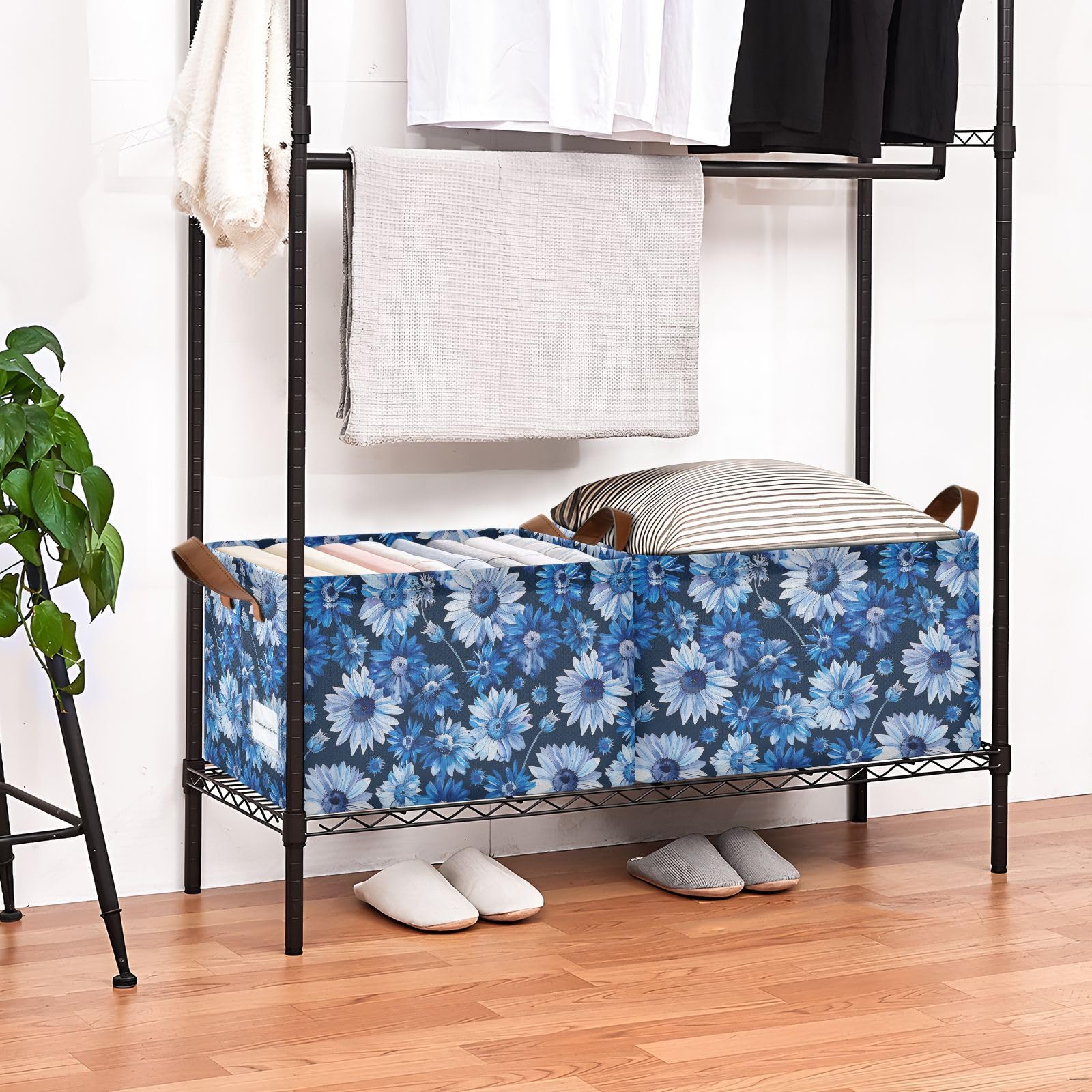 Handmade Daisy Flower Blue Storage Basket with Handles - Decorative Organizer Bin for Clothes, Jeans, Books | Perfect for Home, Office & Closet Organization | Ideal for Bedroom, Nursery & Laundry Room Storage