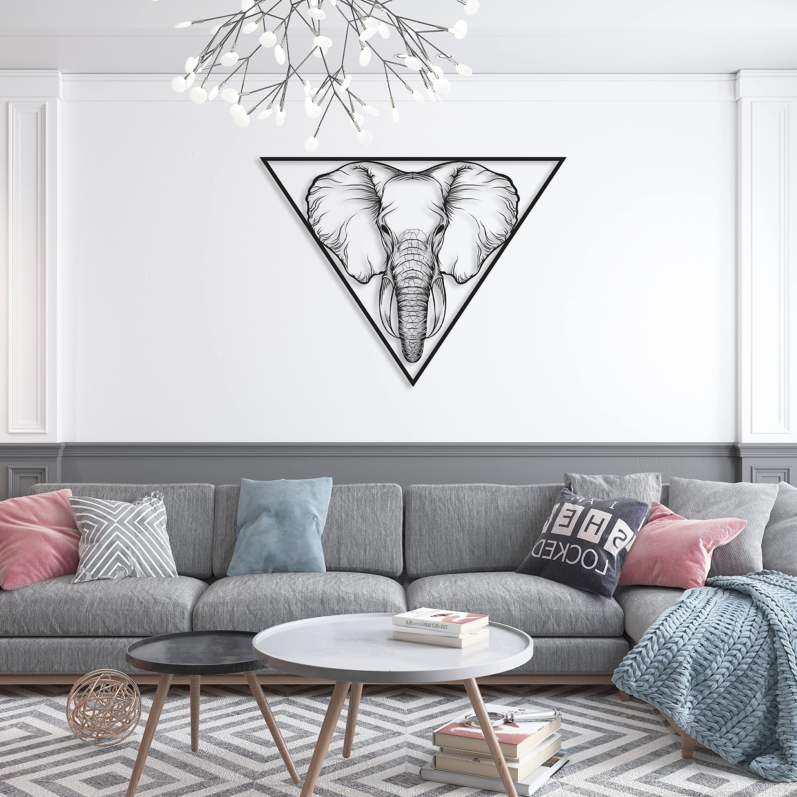 60x60cm Black Elephant Metal Wall Art - Modern Home Decor for Living Room & Bedroom - Unique Wall Hanging Artwork & Housewarming Gift Idea