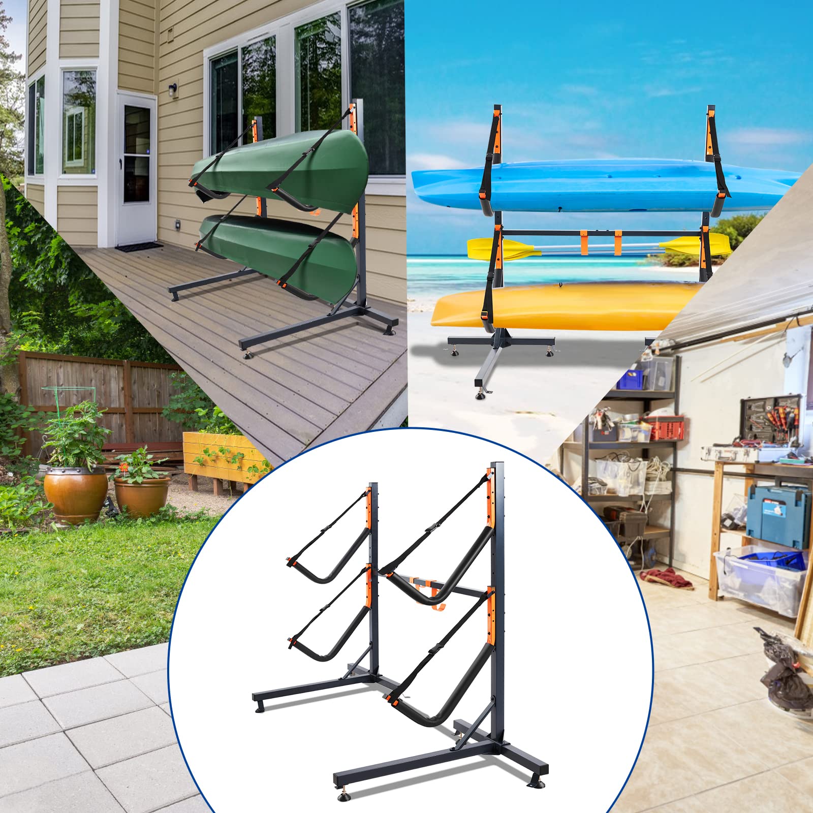 Heavy Duty Freestanding Kayak Storage Rack with Padded Arms & Adjustable Straps - Outdoor Kayak Stand for Canoe, Paddle Board, Bike, Life Raft - Perfect for Garage, Backyard, Dock & Beach Storage