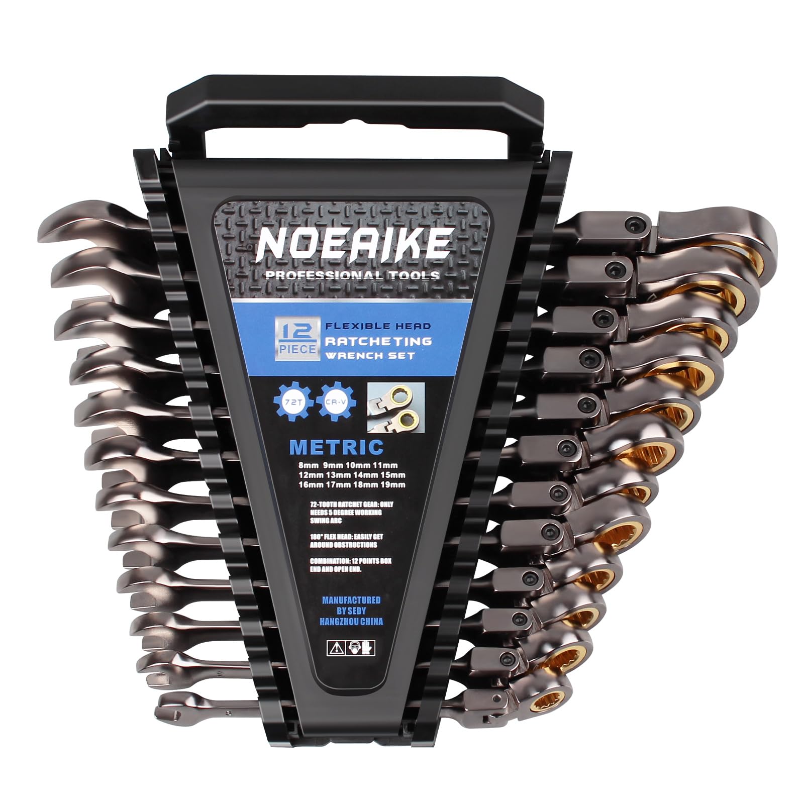 12-Piece Metric Ratcheting Wrench Set (8-19mm) - 72-Tooth Flex Head, CRV Steel with Black Nickel Plating & Organizer - Perfect for Automotive Repair, DIY Projects & Professional Mechanics