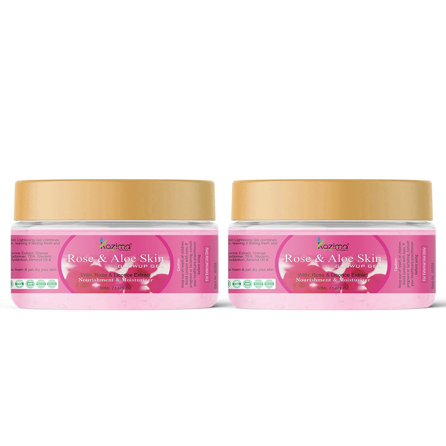 KAZIMA Rose & Aloe Skin Glow Gel with Rose & Licorice Extract - Hydrating & Nourishing Face Moisturizer for Dry & Sensitive Skin - Sulfate Free, Paraben Free, Xanthan Free, Mineral Oil Free - 50ml (Pack of 2) - Perfect for Daily Skincare Routine & Post-Sun Care