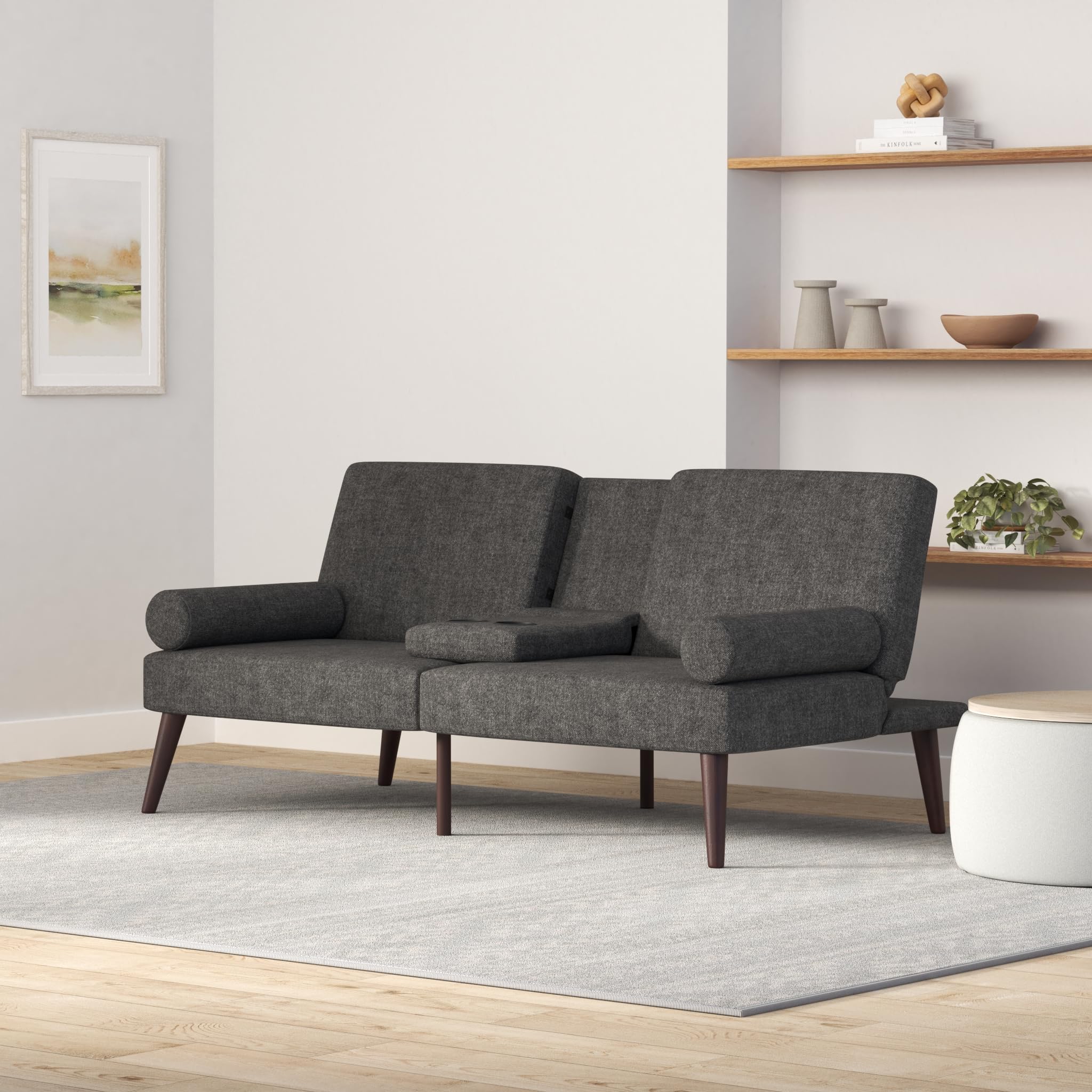 Best Choice Products Mid-Century Modern Upholstered Futon - Convertible Folding Sofa Bed with Rounded Armrests & 2 Cup Holders - Charcoal Grey - Perfect for Small Apartments, Guest Rooms & Home Offices