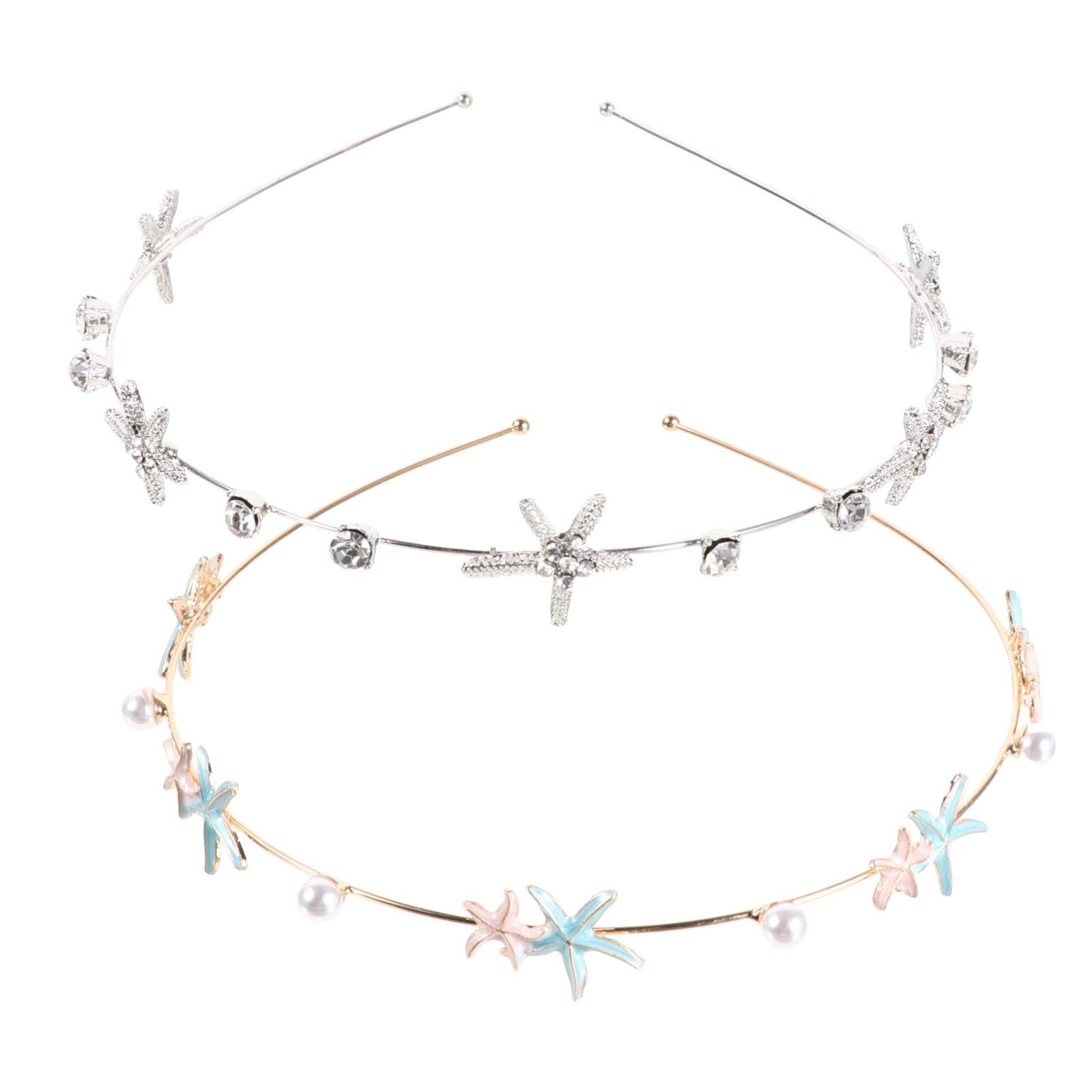 2Pcs Vintage Diamond Starfish Headband & Mermaid Tiara Hair Accessories for Women - Pearl Headbands, Alloy Metal Hair Vine Scarf - Perfect for Beach Weddings, Cosplay, and Vacation Photos