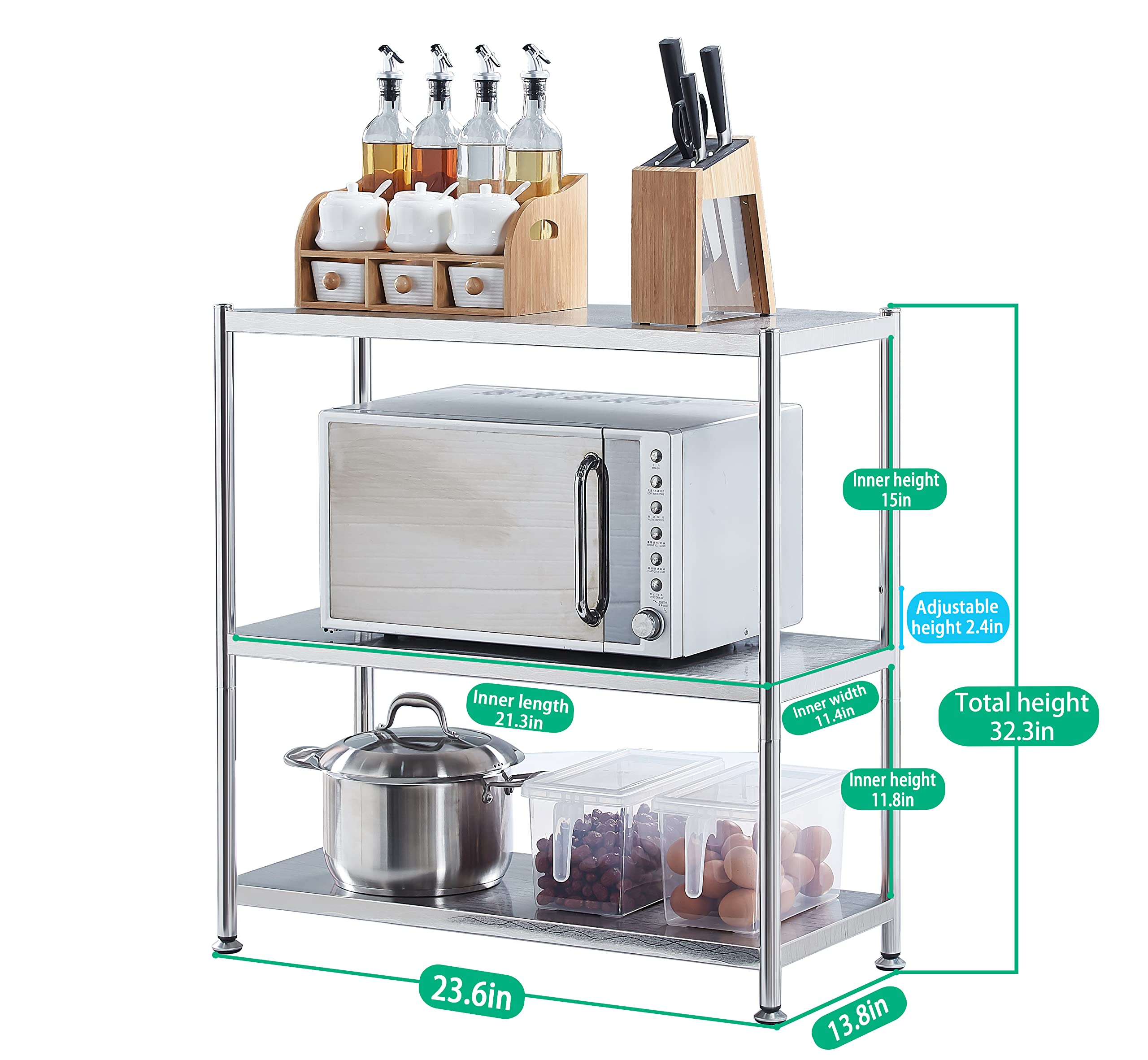 Susunnus 3-Tier Stainless Steel Shelves - 23.6 Inch Heavy Duty Kitchen Storage Organizer with Artistic Texture | Waterproof & Sturdy Metal Shelving for Pantry, Garage, or Commercial Use