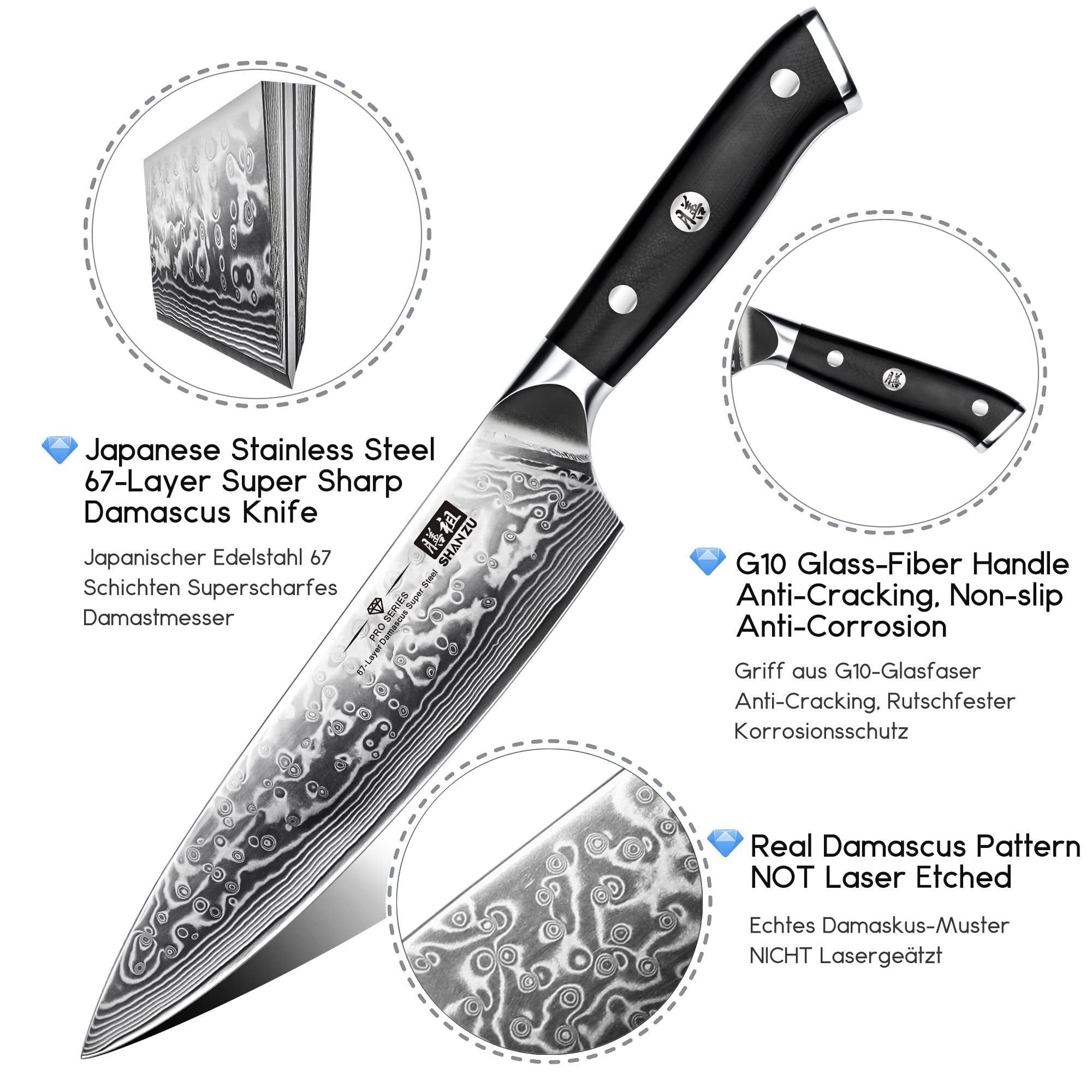 SHAN ZU 8 Inch Japanese Damascus Chef Knife - High Carbon Super Steel Professional Kitchen Knife for Precision Cutting, Slicing, and Chopping in Home and Restaurant Kitchens