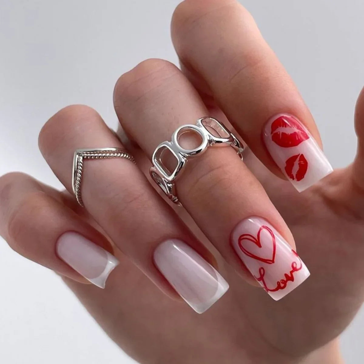 24Pc Square French Fake Nails with Heart Love Designs - Glossy White & Pink Press on Nails | Full Cover False Nails for Valentine's Day | Perfect for Parties, Weddings & Special Occasions