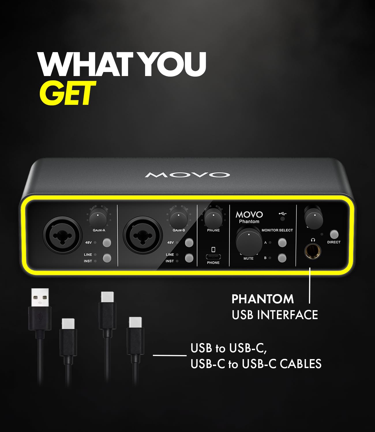 Movo Phantom Dual Channel USB/USB-C Audio Interface - Professional Recording, Podcasting & Music Production with Smartphone USB-C Input - Perfect for Home Studios, Live Streaming & Content Creation