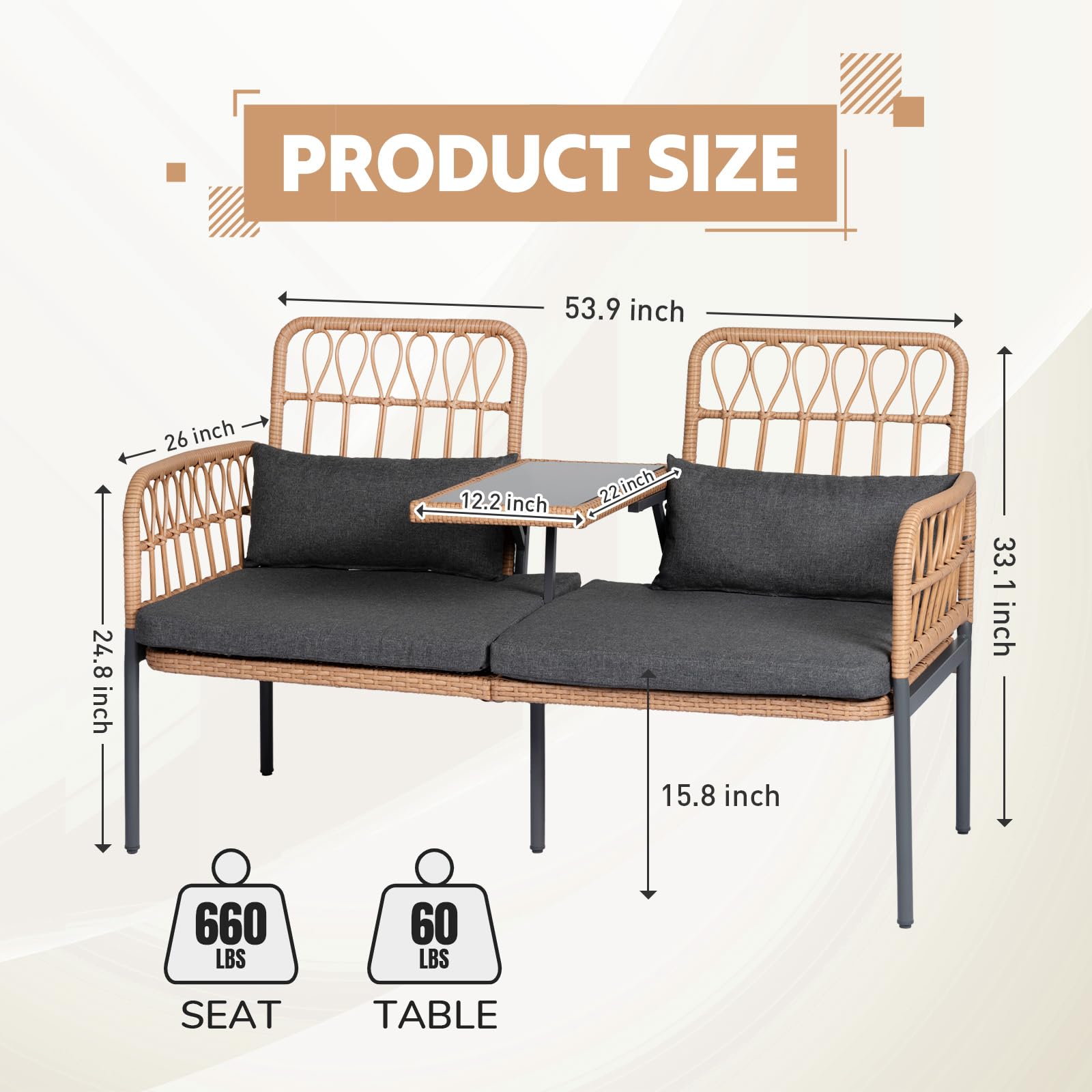 Outdoor Loveseat 2-Piece Patio Furniture Set - Wicker Porch Conversation Set with Cushions, Lumbar Pillows & Built-in Table | Perfect for Backyard, Garden, Deck or Poolside Relaxation