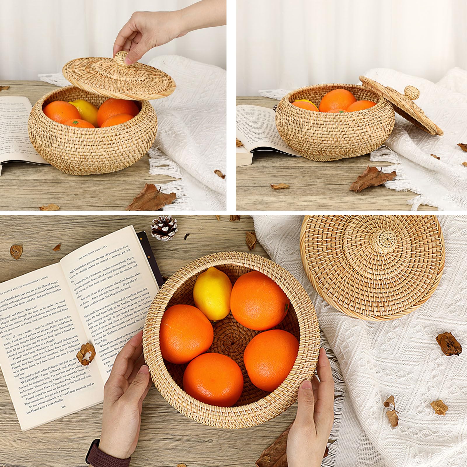 Hipiwe Round Rattan Basket with Lid - Handwoven Wicker Storage Bin for Picnic, Bread, Home & Bathroom Organization - Small Decorative Box for Shelves, Multi-Purpose Tray (Perfect for Farmhouse Decor, Gift Wrapping & Clutter Control)