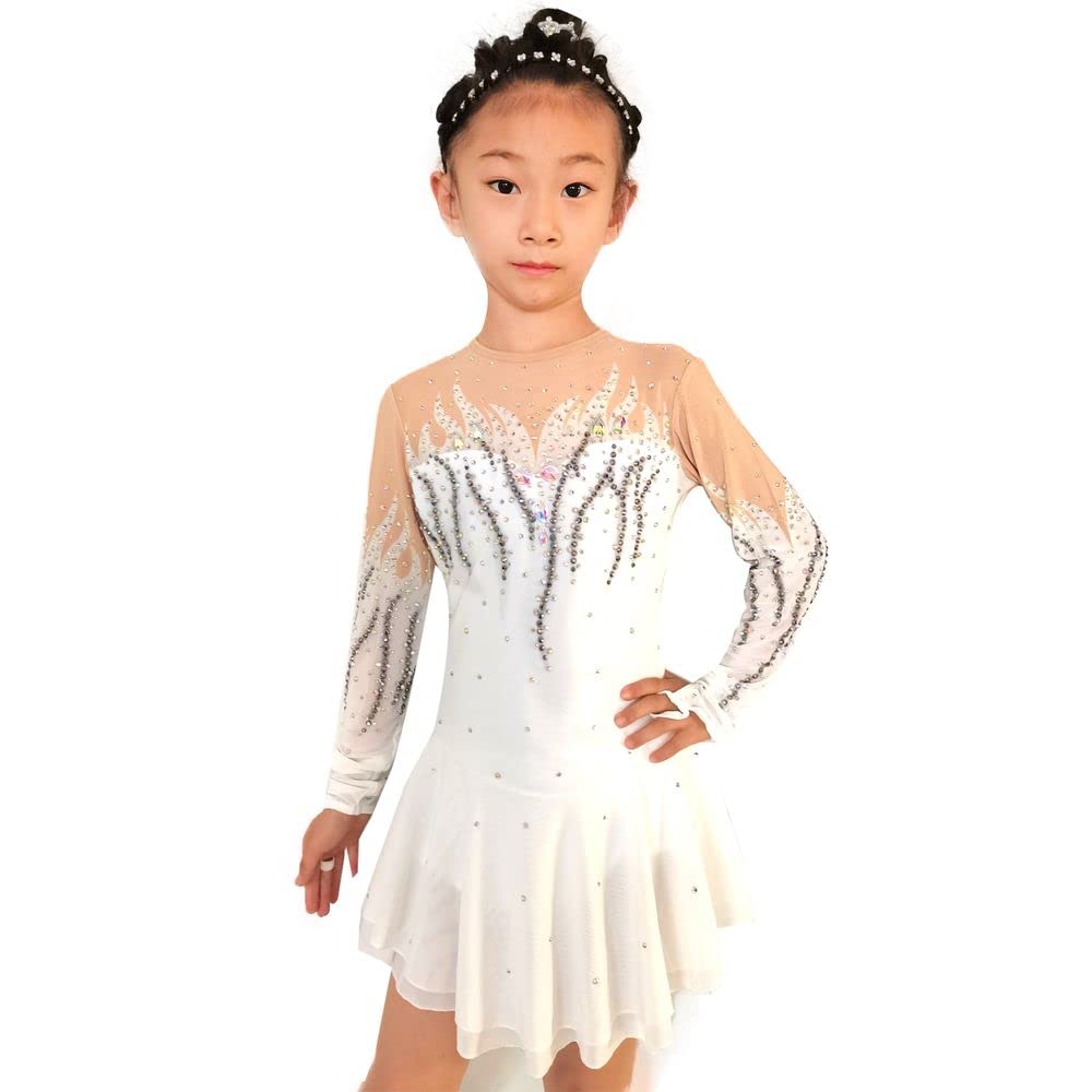 LIUHUO White Printed Figure Skating Dress with Full Drill Mesh for Girls - Performance, Competition & Training Outfit - Perfect for Ice Shows, Recitals & Dance Practice