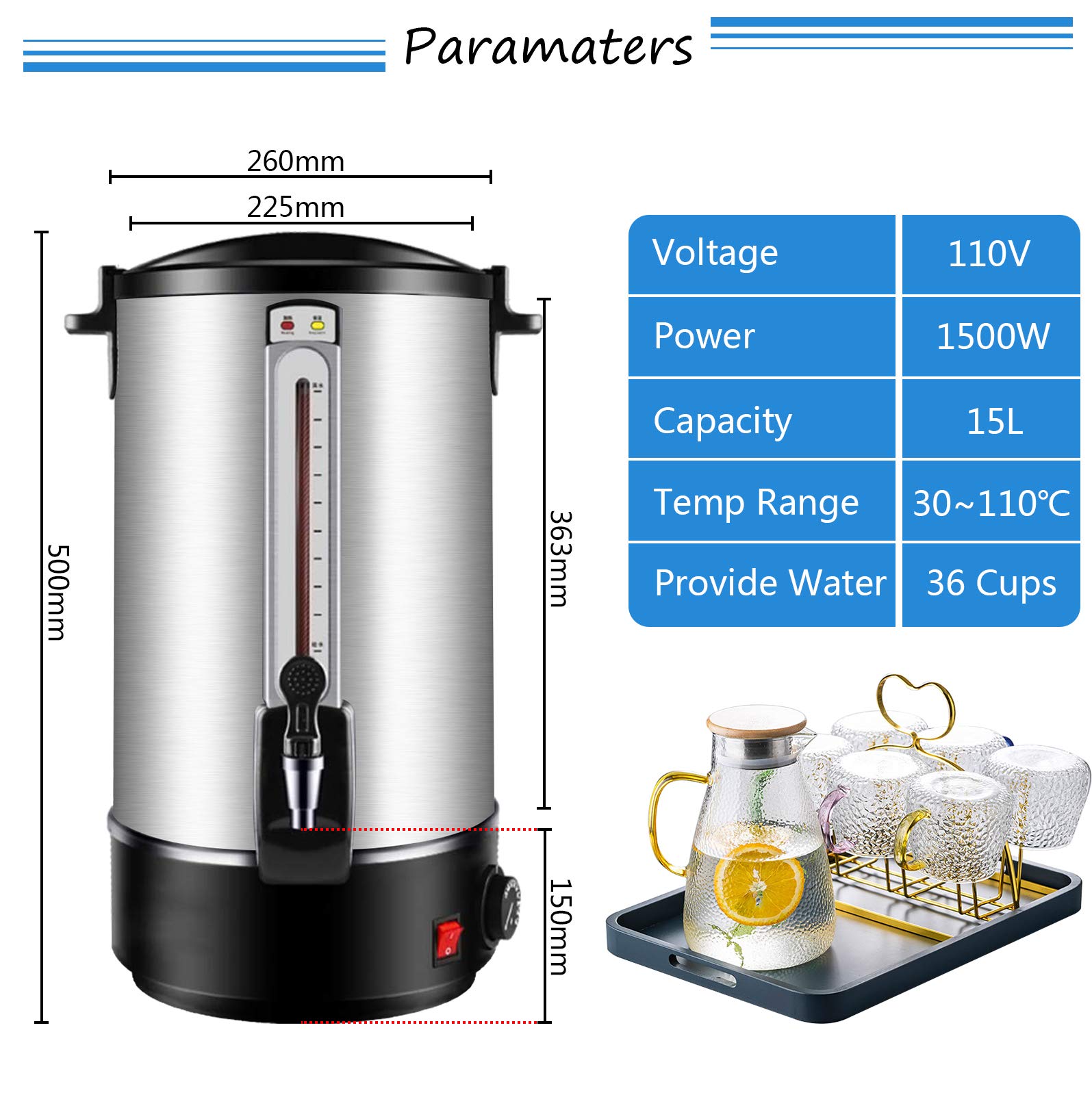 YJINGRUI 36-Cup Electric Hot Water Boiler - 15L Stainless Steel Hot Water Urn with Fast Heating for Tea, Coffee, and Instant Hot Water - Perfect for Offices, Restaurants, and Large Gatherings