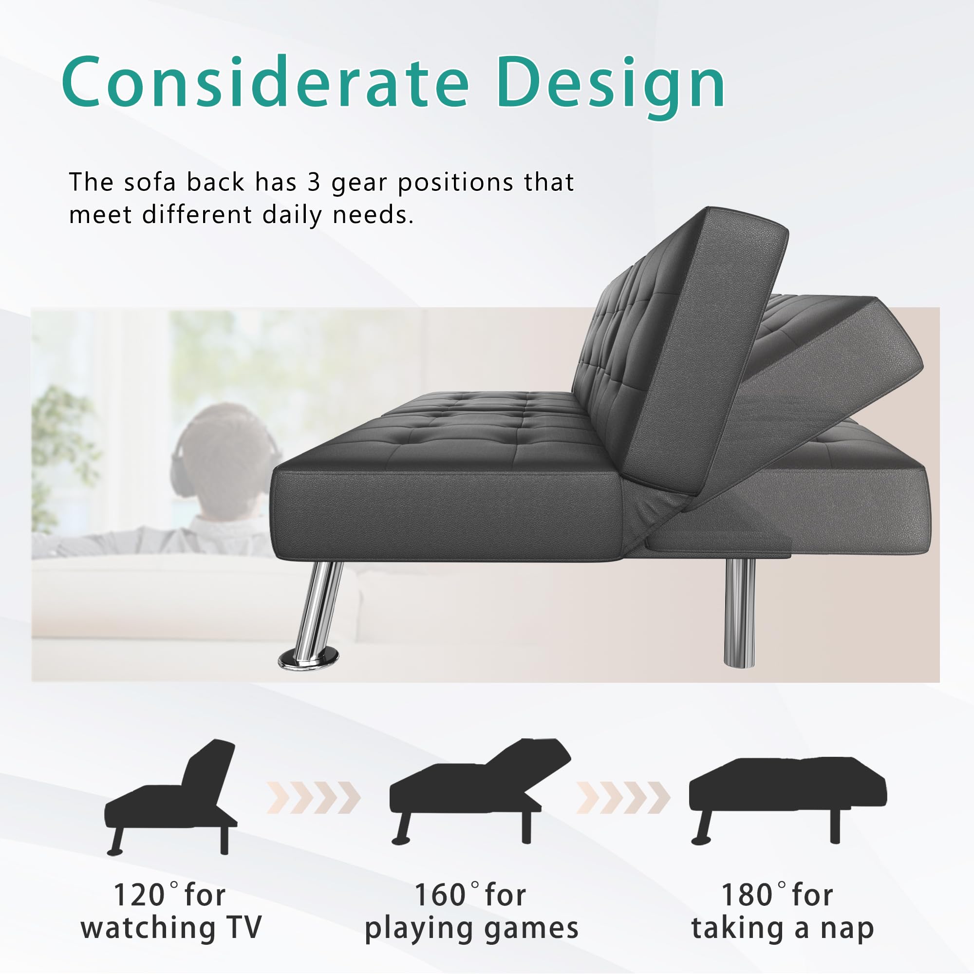 Modern Convertible Futon Sofa Bed with 2 Cup Holders & Removable Armrests - PU Leather Folding Lounge Recliner for Living Room, Guest Room & Small Spaces (Black)