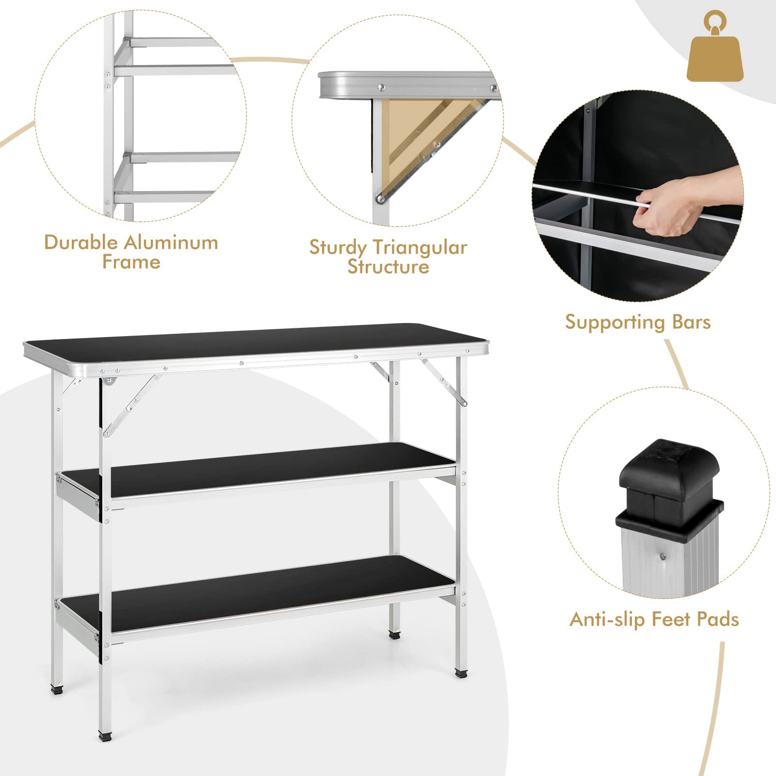 COSTWAY Folding Camping Table - Portable Aluminum Picnic Table with Carry Bag & 2 Shelves - Lightweight Outdoor Dining Table for BBQ, Party, Backyard, Beach, Tailgating & RV Camping (Black)