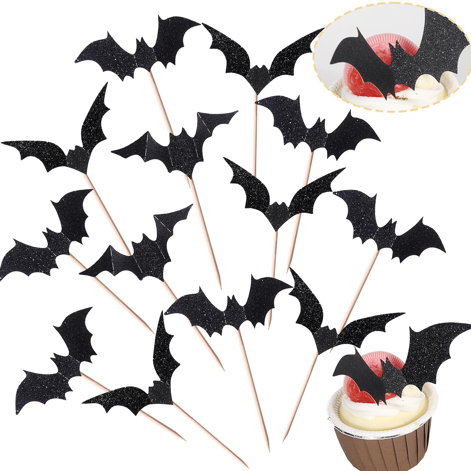 Rsstarxi 30 Pack Halloween Bat Cupcake Toppers - Black Glitter Bat Cake Decor for Halloween Parties, Baby Showers & Kids Birthdays | Perfect for Spooky Themed Desserts & Festive Celebrations