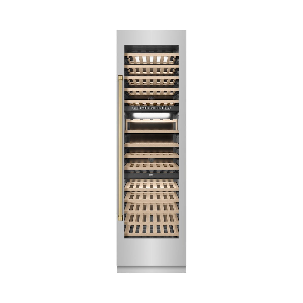 ZLINE Autograph Edition 24-Inch 12.4 cu ft Triple Zone 100 Bottle Stainless Steel Wine Cooler with Champagne Bronze Accents - Perfect for Home Bars, Wine Cellars, and Entertaining Spaces (RCWVZ 304 24 CB)