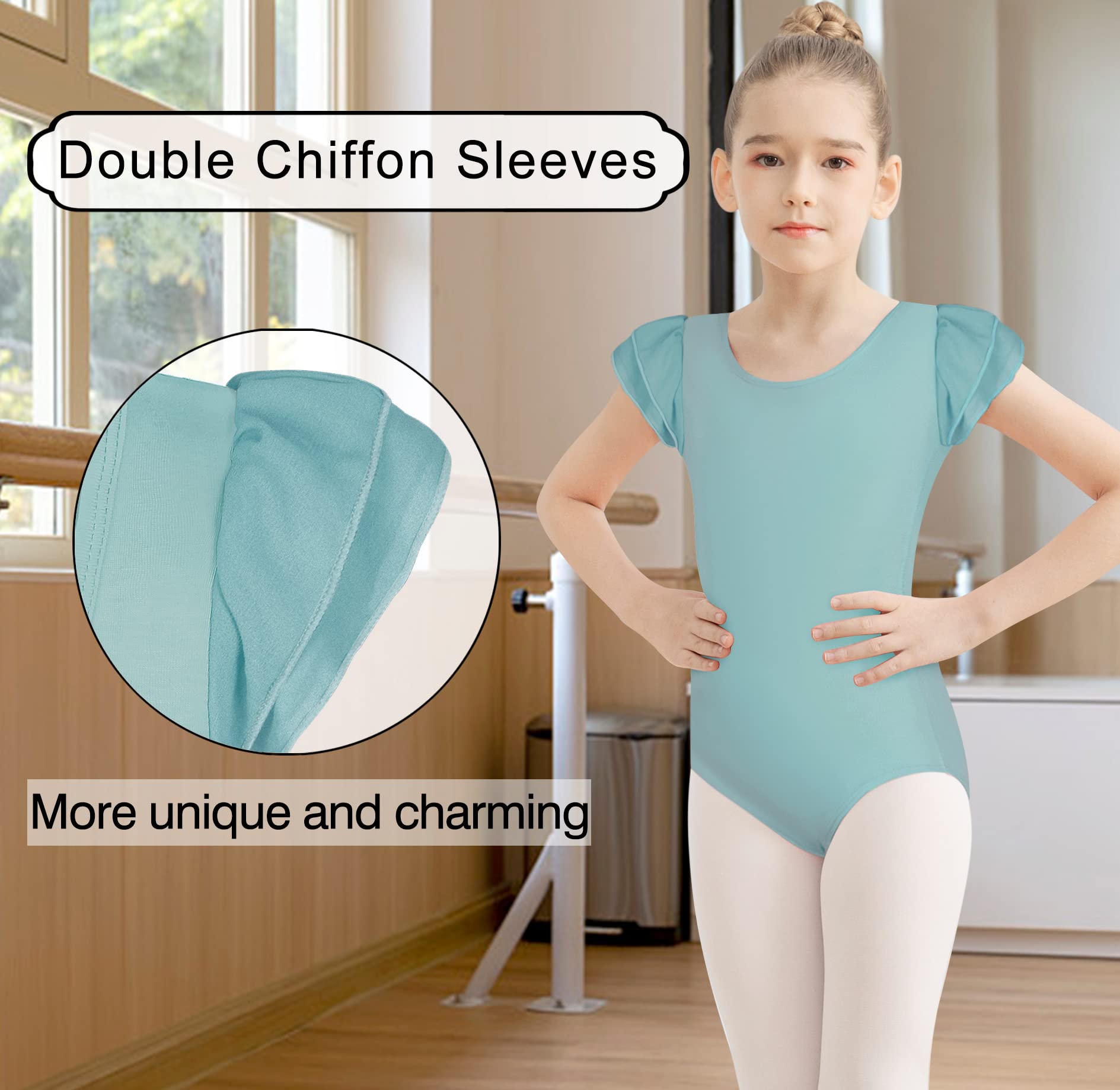 MOLLDAN Girls Ballet Leotard with Criss Cross Back - Short Sleeve Dance Leotards for Ballet, Jazz, Gymnastics & Performance - Comfortable & Stretchy for Kids Dance Classes & Recitals