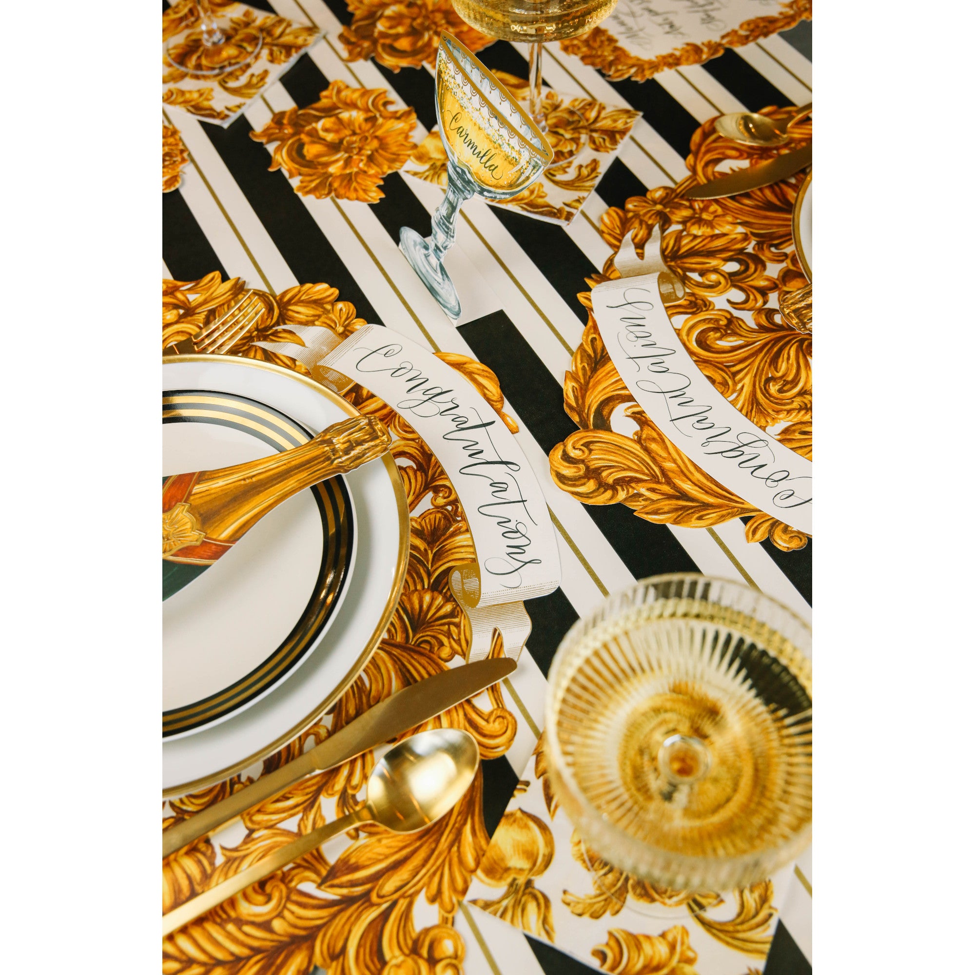 Black & Gold Awning Stripe Runner - Classic Striped Table Runner for Dining Room Decor, Wedding Reception, and Party Table Setting