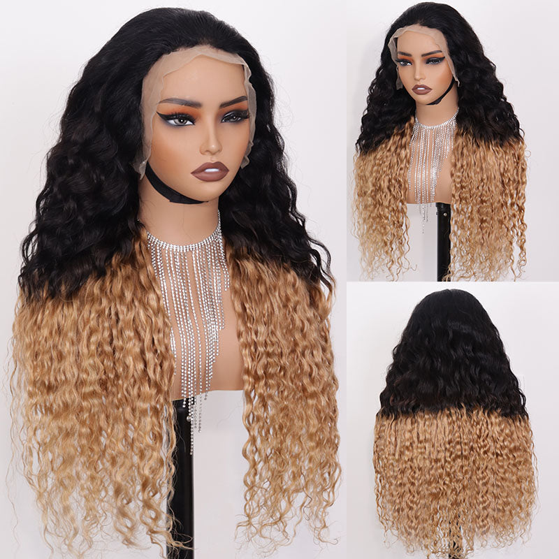 Eullair Ombre 1B Honey Blonde Water Wave Glueless Lace Frontal Wig - HD Lace Pre-Colored Two-Tone Curly Human Hair Wig - Easy Install & Low Maintenance (EW004) - Perfect for Daily Wear, Cosplay & Special Occasions