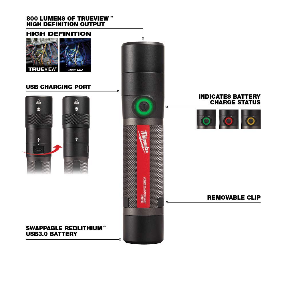 Milwaukee 800 Lumens LED USB Rechargeable Flashlight - Bright Portable Work Light for Camping, Emergency, Home & Job Site Use