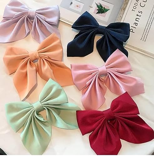 DOLLIT Large Satin Hair Bows for Girls & Women - 6 Pack Silk-Style French Bow Hair Clips with Long Tail Ribbon (Random Colors) - Perfect for School, Parties, Weddings & Everyday Fashion Accessories