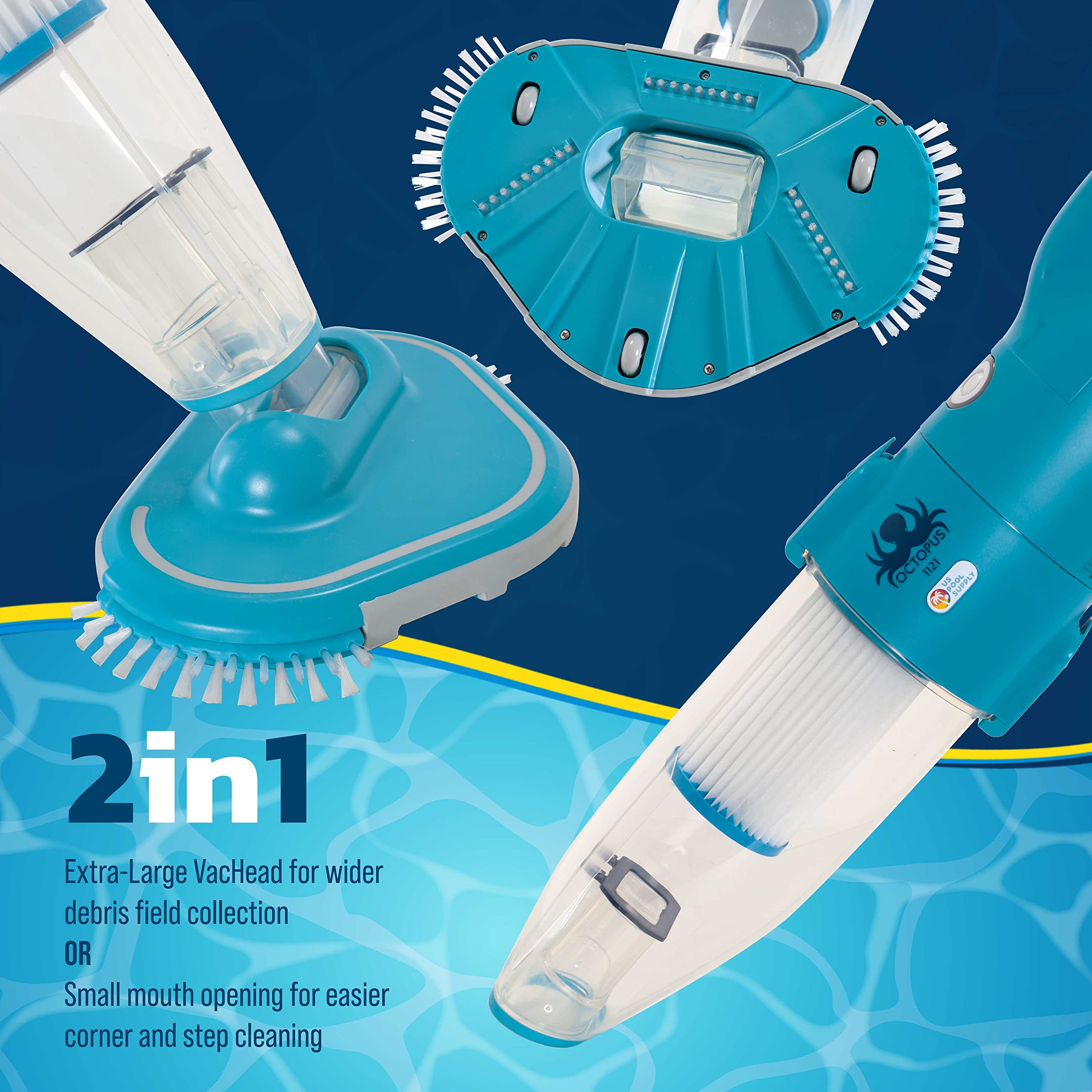 Manual Rechargeable Cordless Pool Vacuum Cleaner - Powerful Suction Handheld Pool Vac for Above Ground & Inground Pools, Hot Tubs, Spas - Includes Scrub Brush Head for Cleaning Leaves & Debris | Perfect for Quick Pool Maintenance & Seasonal Cleaning