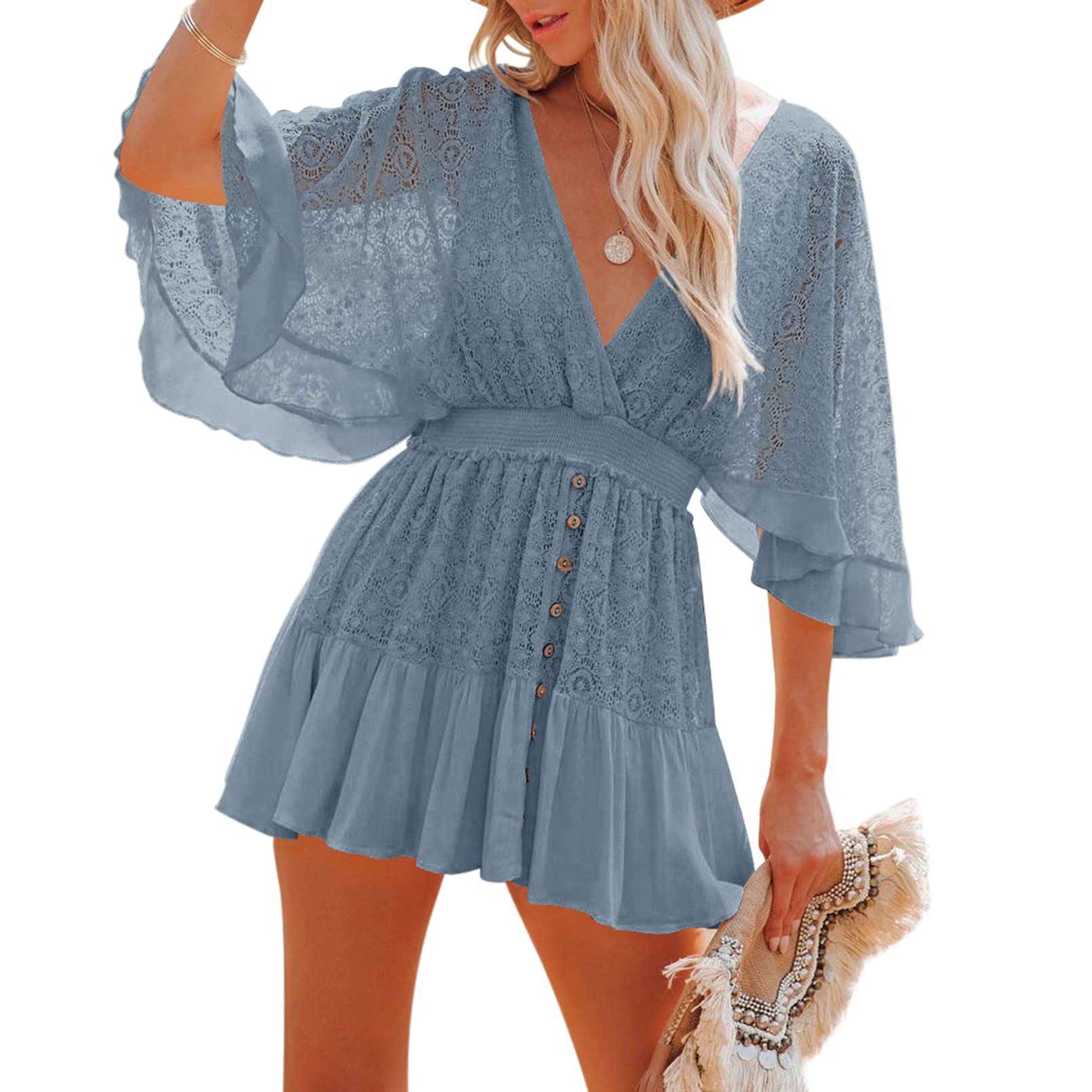 Linsery Women's Summer Floral Lace Batwing Sleeve Mini Dress - Elastic High Waist Ruffles for Beach Vacation, Date Night & Party Wear